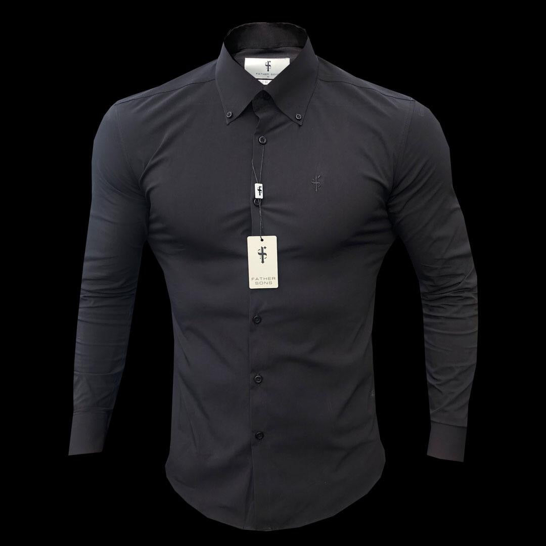 Classic Black Stretch Shirt with Button Down Collar and Black Embroidery - FS563