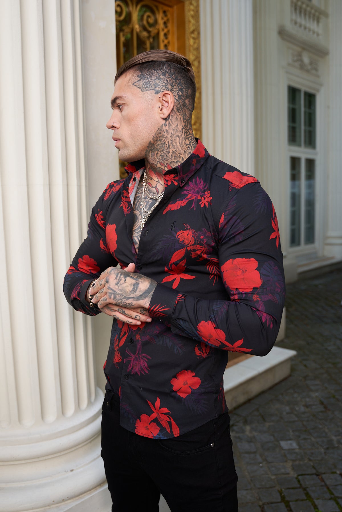 Super Slim Stretch Black and Red Floral Print Long Sleeve with Button Down Collar - FS1274 (PRE ORDER 28TH OCTOBER)