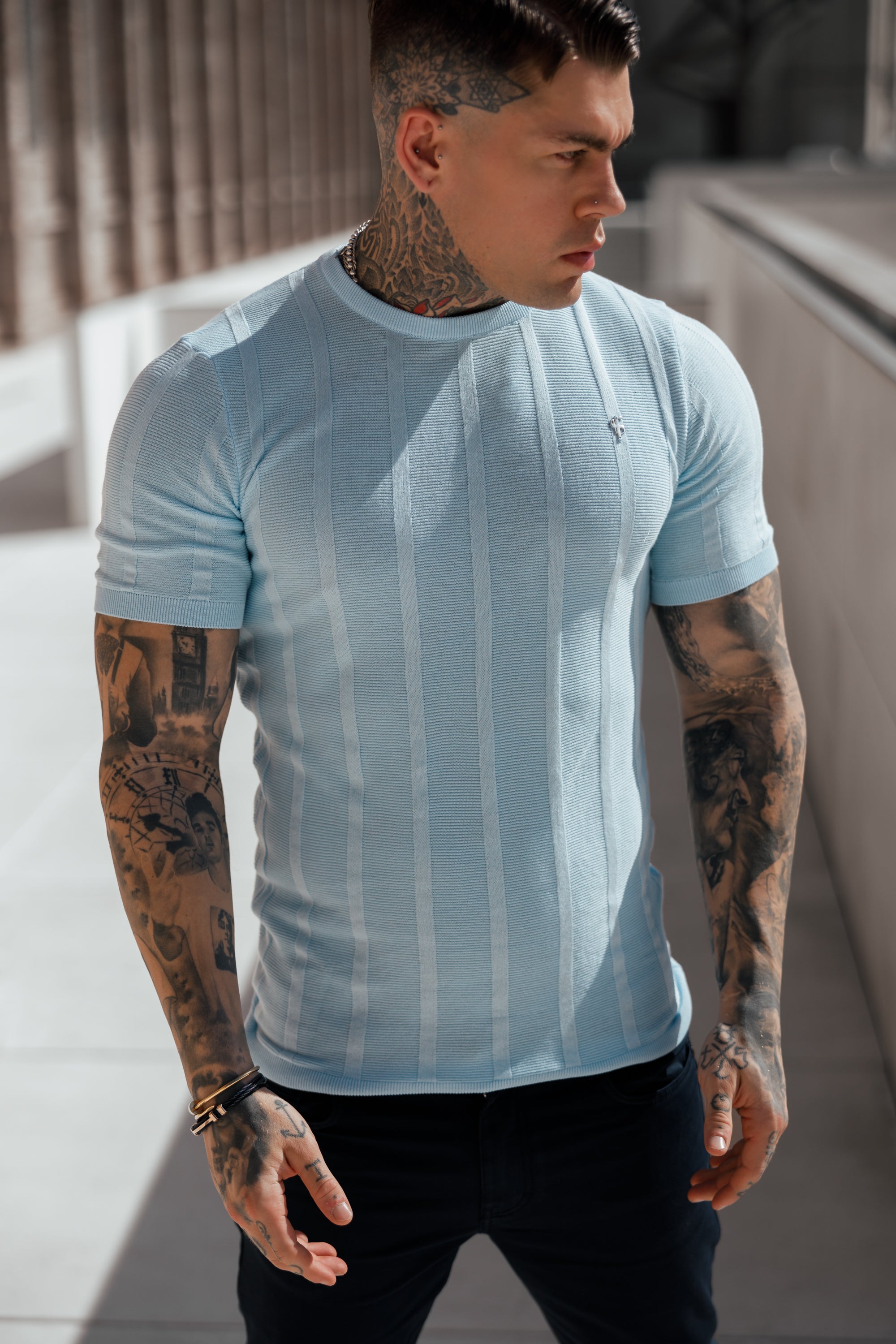 Classic Short Sleeve Baby Blue Knitted Wide Rib Crew with Silver Emblem - FSH739