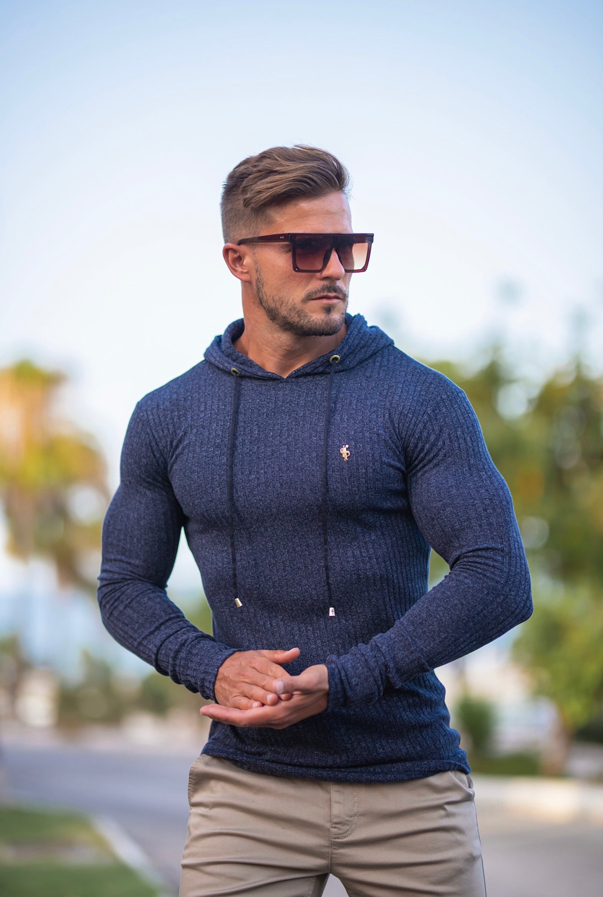 Classic Navy / Gold Ribbed Knit Hoodie Jumper - FSH507