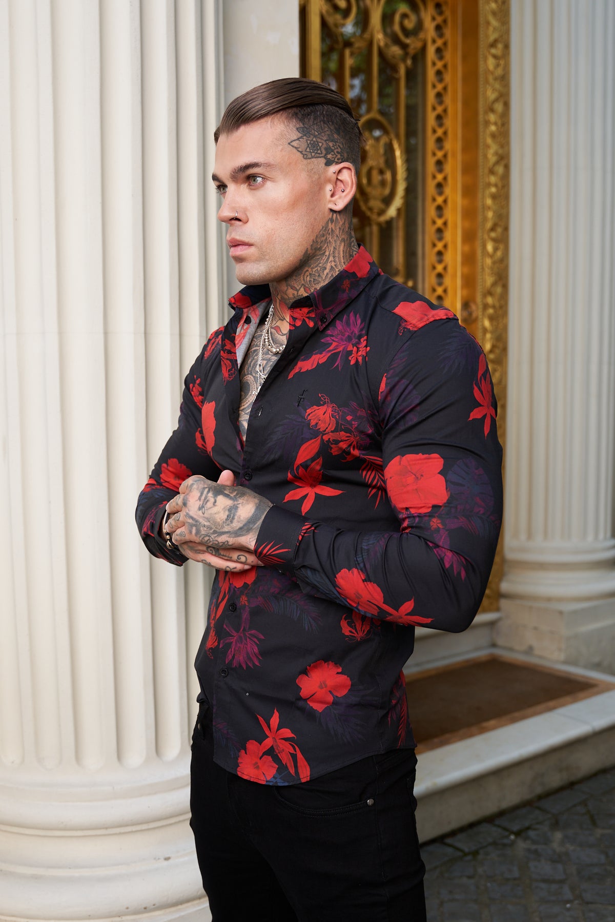 Super Slim Stretch Black and Red Floral Print Long Sleeve with Button Down Collar - FS1274 (PRE ORDER 28TH OCTOBER)