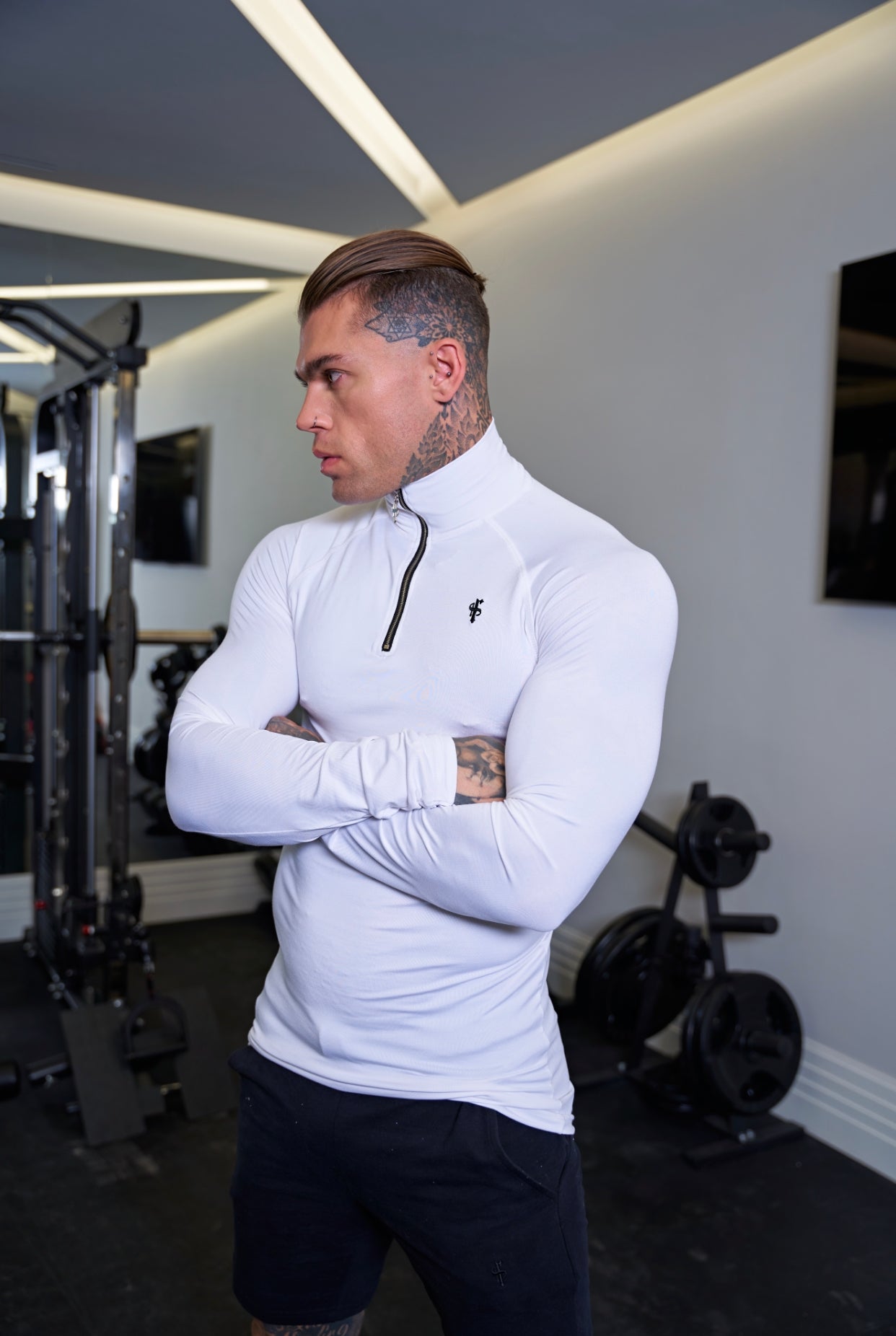 Long Sleeve White Half Zip Gym Top - FSH711