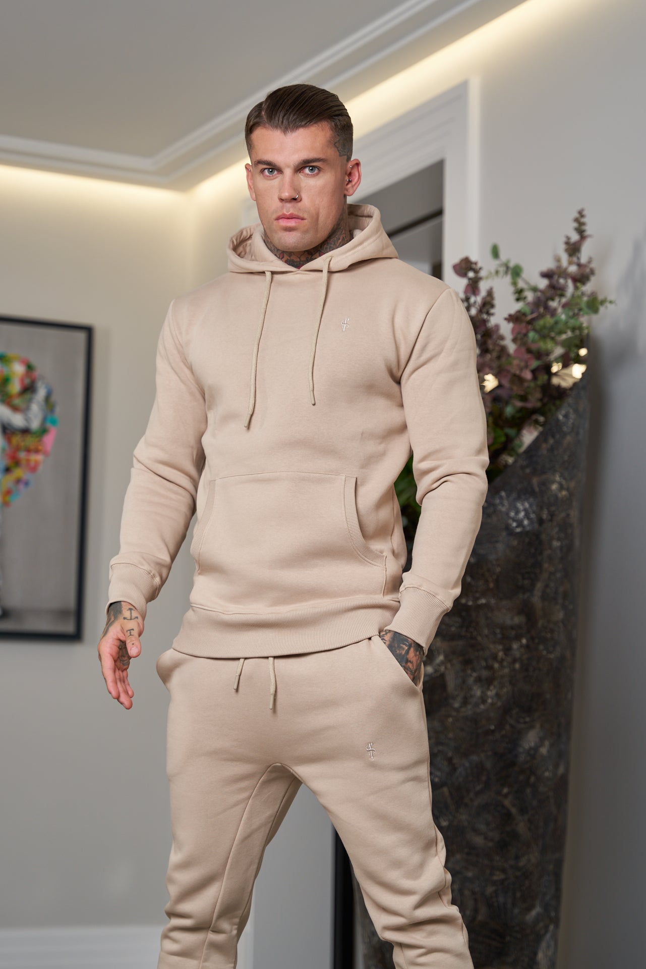 Beige Kangaroo Hoodie Top with FS Embroidery - FSH695
