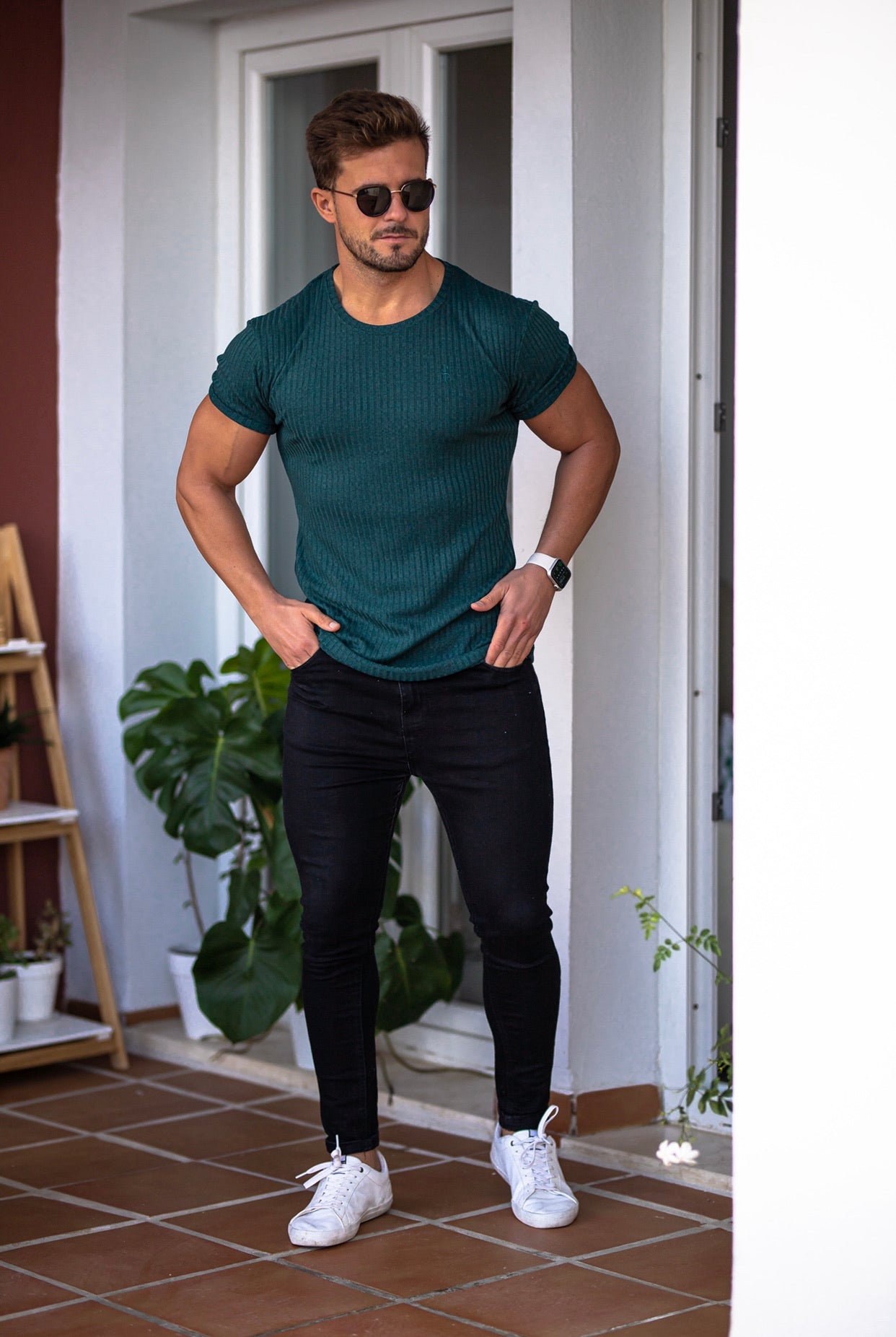 Classic Forest Green Ribbed Knit Super Slim Short Sleeve Crew - FSH612