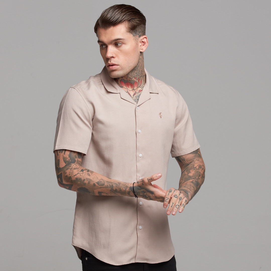 Classic Nude Linen effect Short Sleeve Revere Shirt - FS445