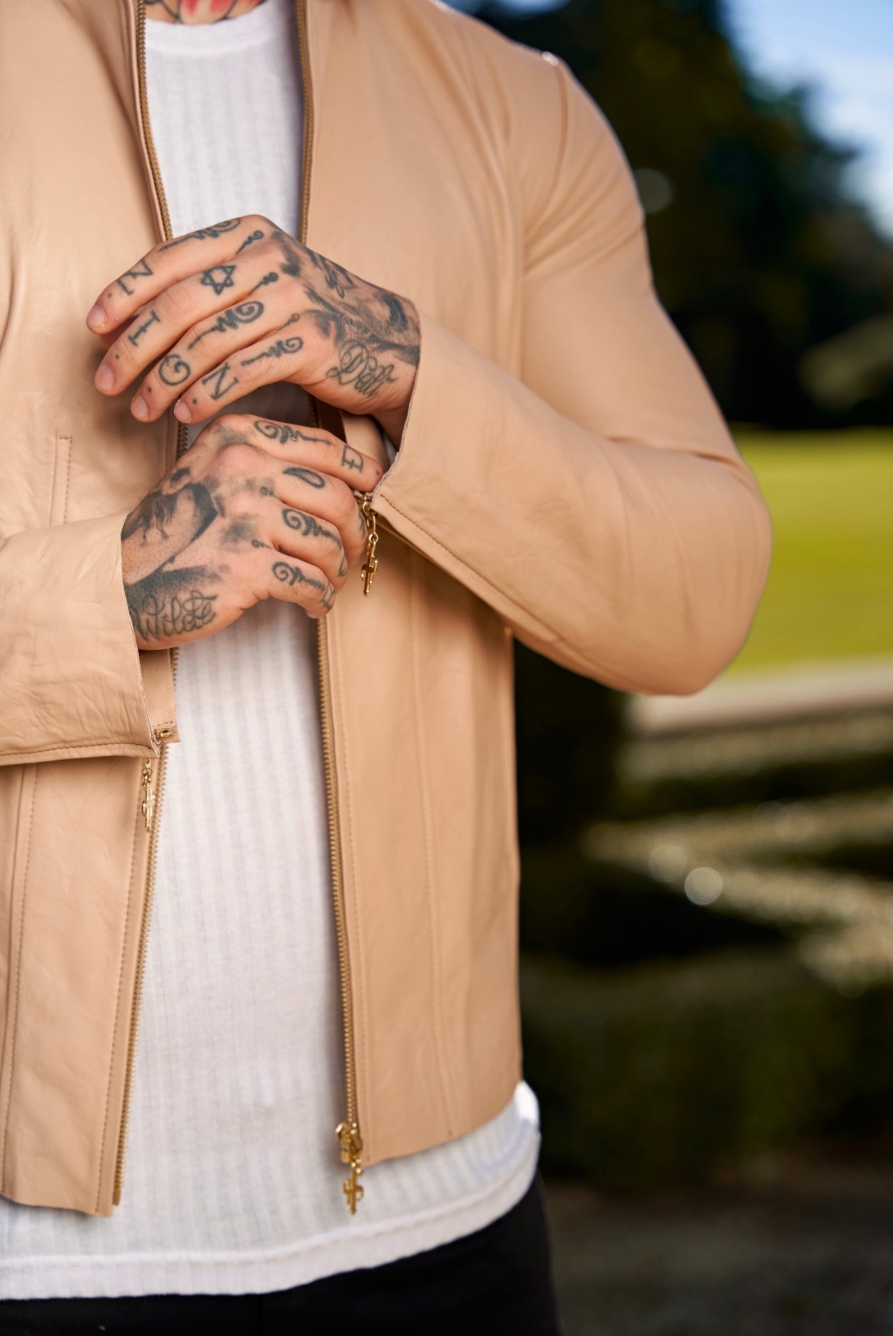 Cream Lambs Leather Jacket with Gold Zips - FSH792