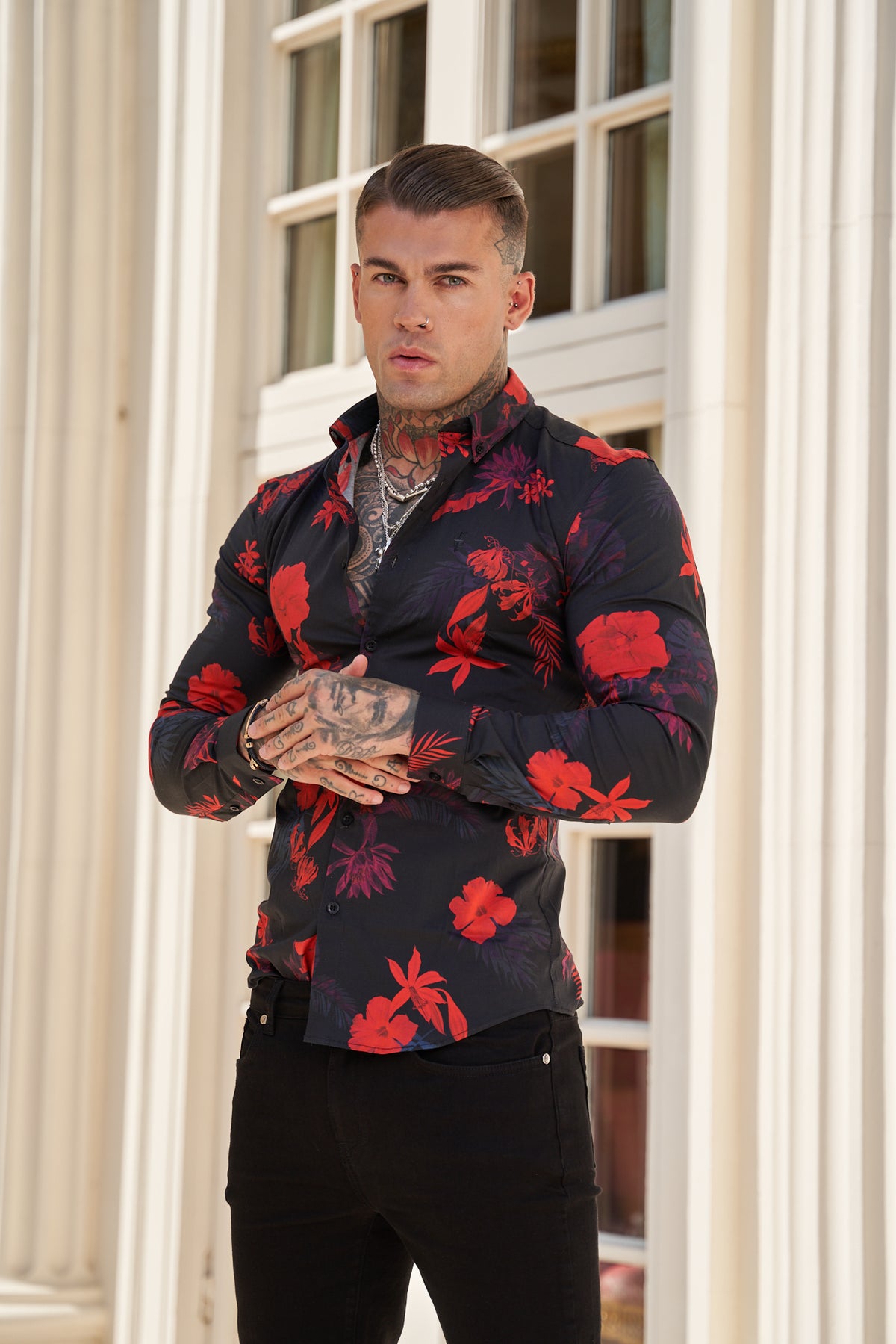 Super Slim Stretch Black and Red Floral Print Long Sleeve with Button Down Collar - FS1274 (PRE ORDER 28TH OCTOBER)