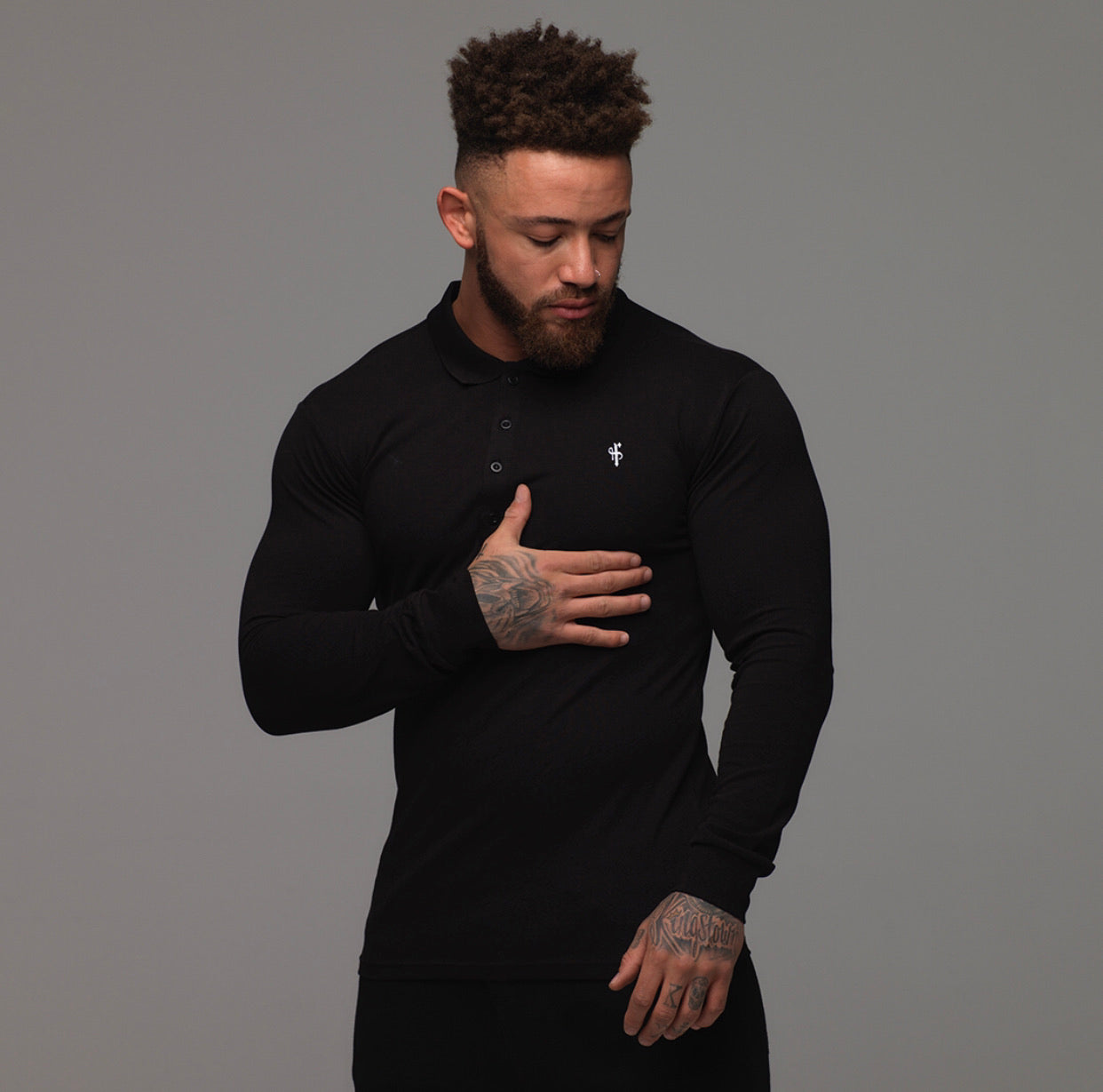 Classic Black Polo Long Sleeve Shirt (White Emblem) - FSH033