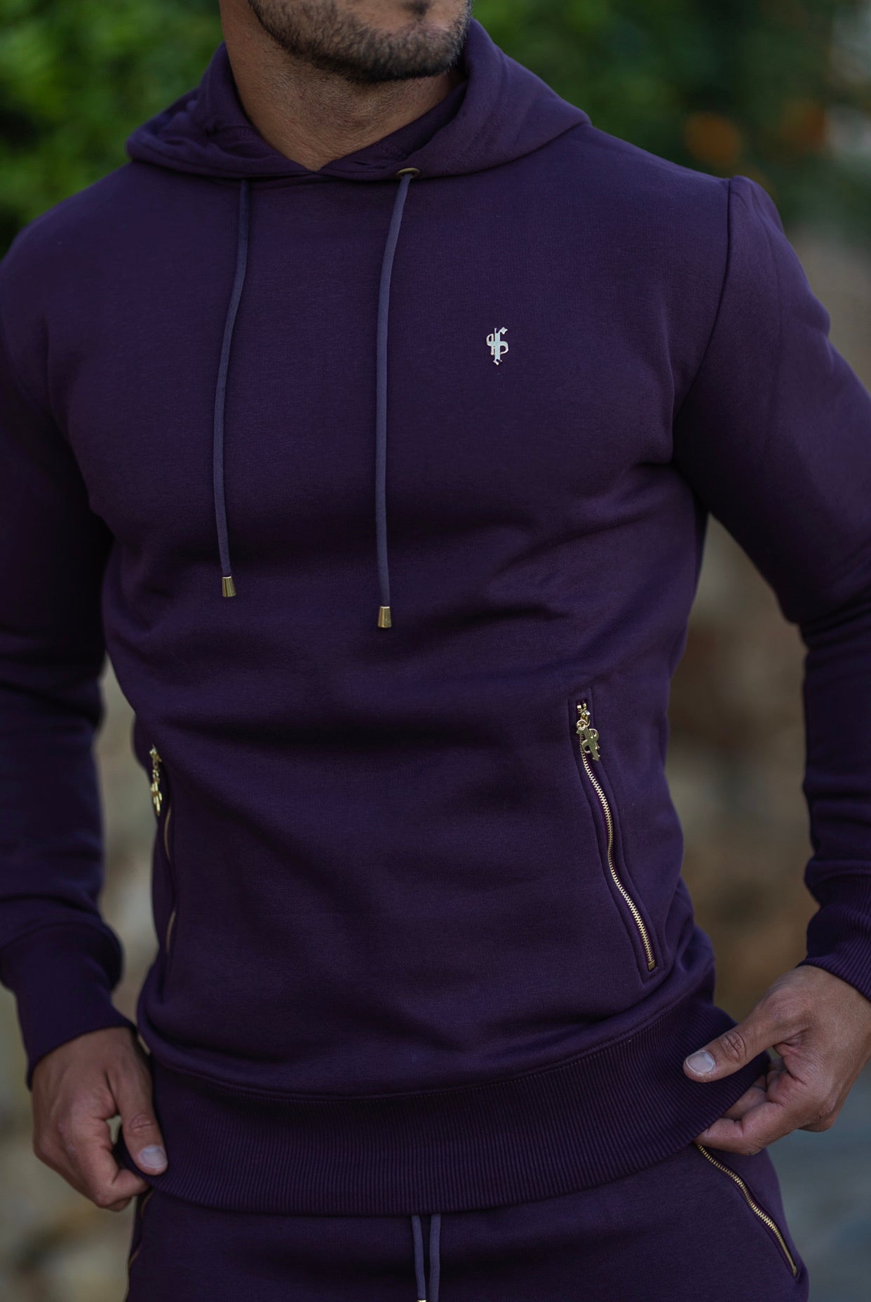 Plum / Purple & Gold Overhead Hoodie Top with Zipped Pockets - FSH485