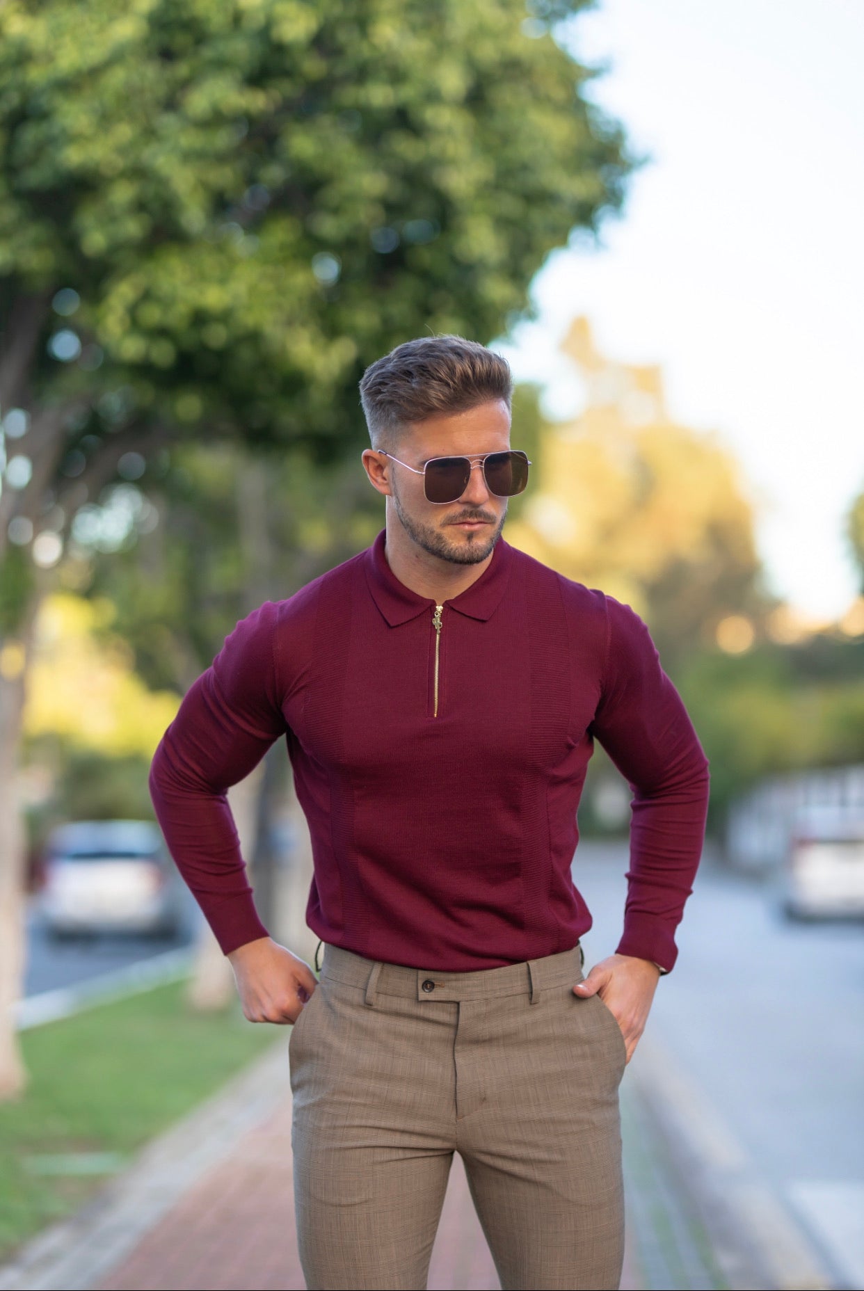 Classic Burgundy and Gold Zip Knitted Long Sleeve Polo Shirt - FSH566