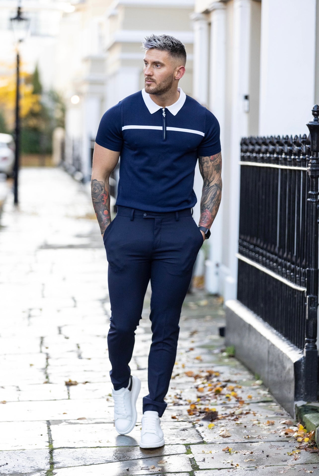 Classic Navy / White Horizontal Stripe Zipped Polo Short Sleeve - FSN039