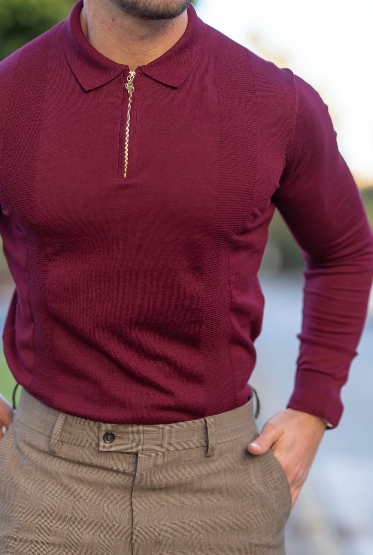 Classic Burgundy and Gold Zip Knitted Long Sleeve Polo Shirt - FSH566