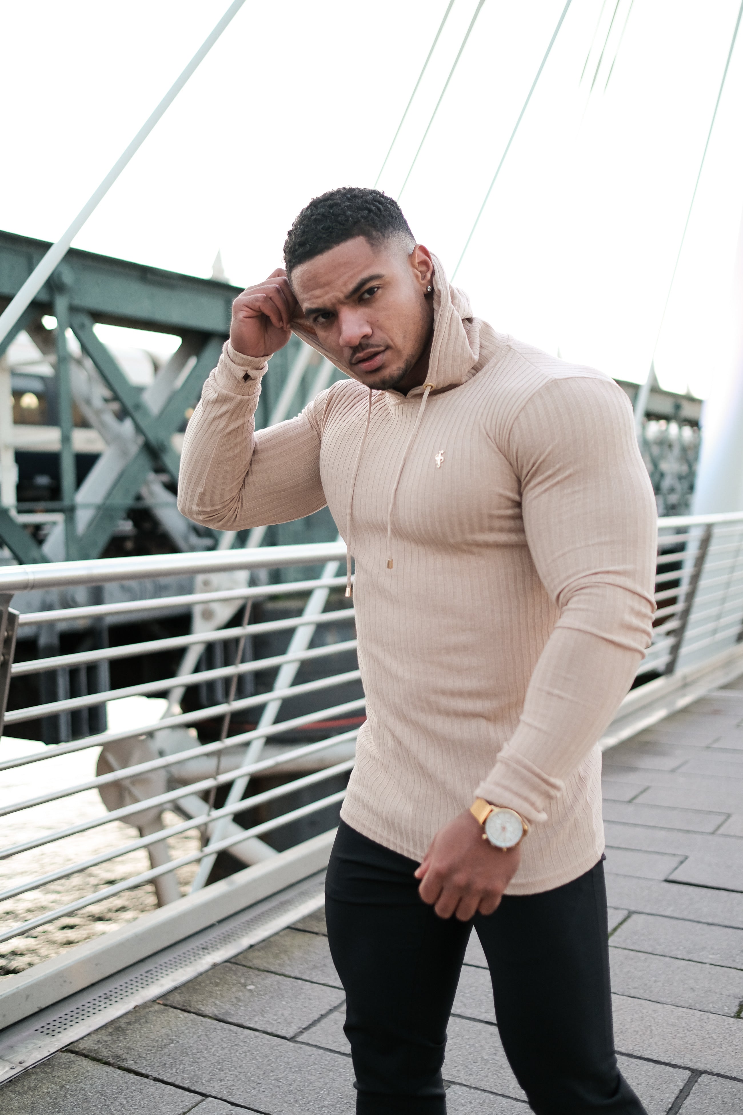 Classic Beige & Gold Ribbed Knit Hoodie Jumper - FSH541