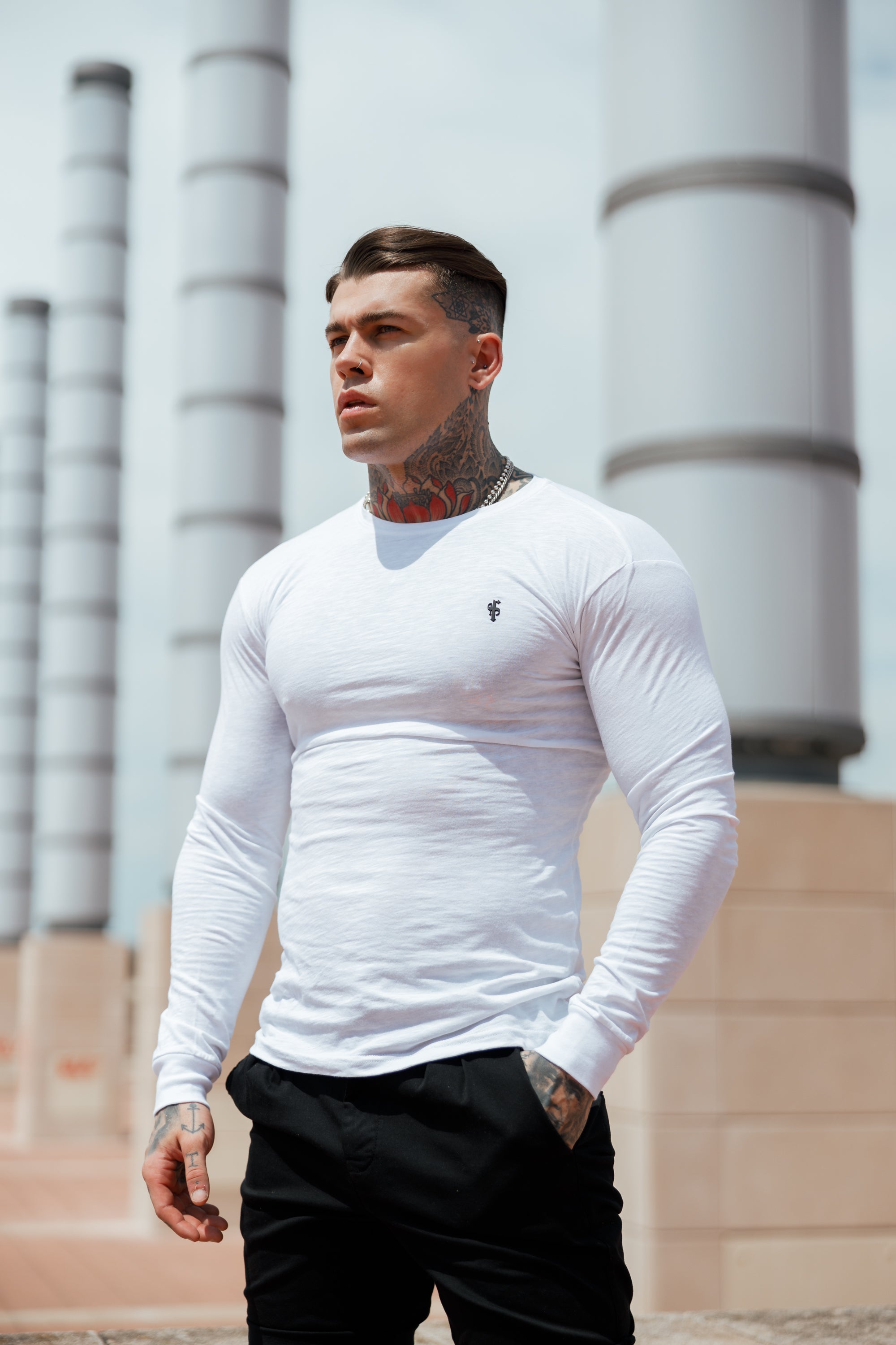 White Slub Crew Long Sleeve With Cuff - FSH727