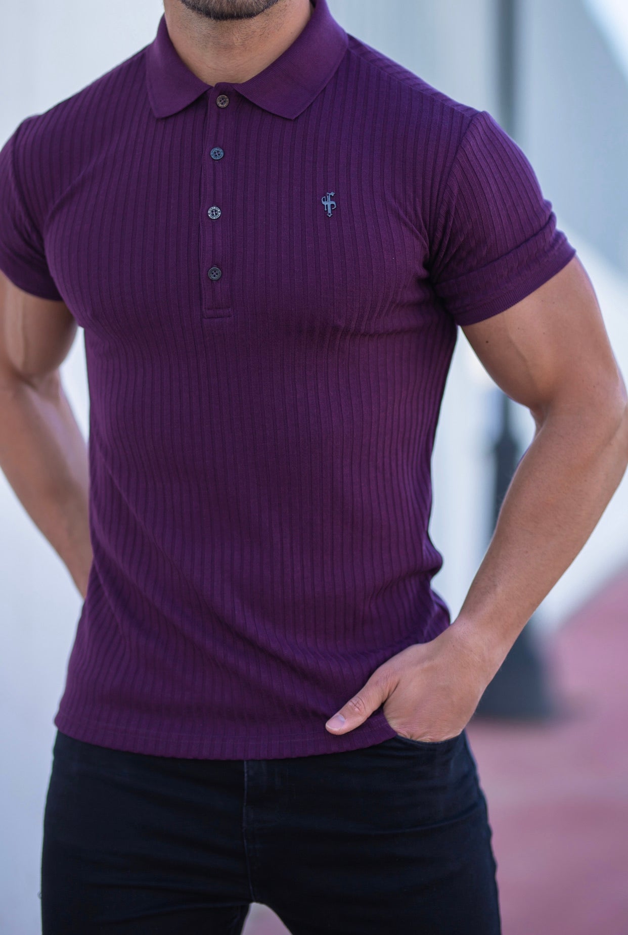 Classic Plum Ribbed Polo Shirt Short Sleeve with Black Metal Emblem Decal & Buttons- FSH585
