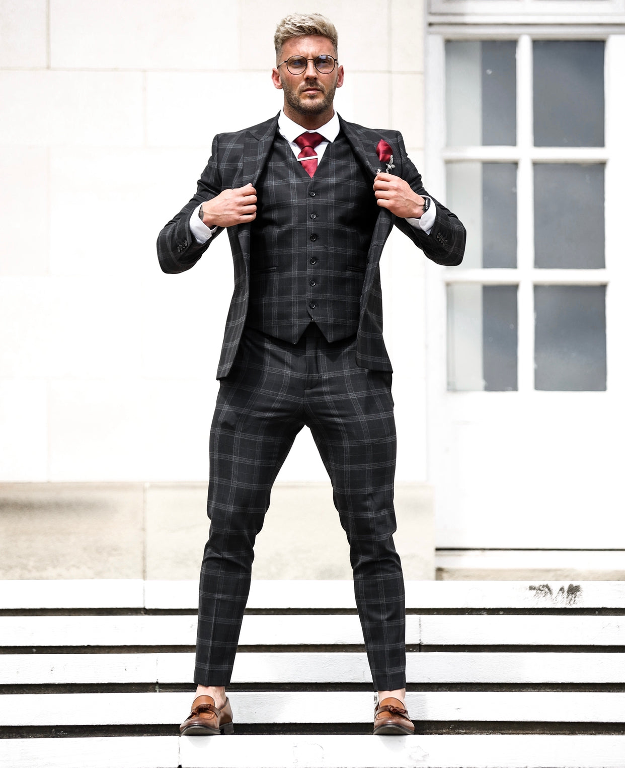 Slim Formal Suit Jacket Large Charcoal Check - FSJKT007