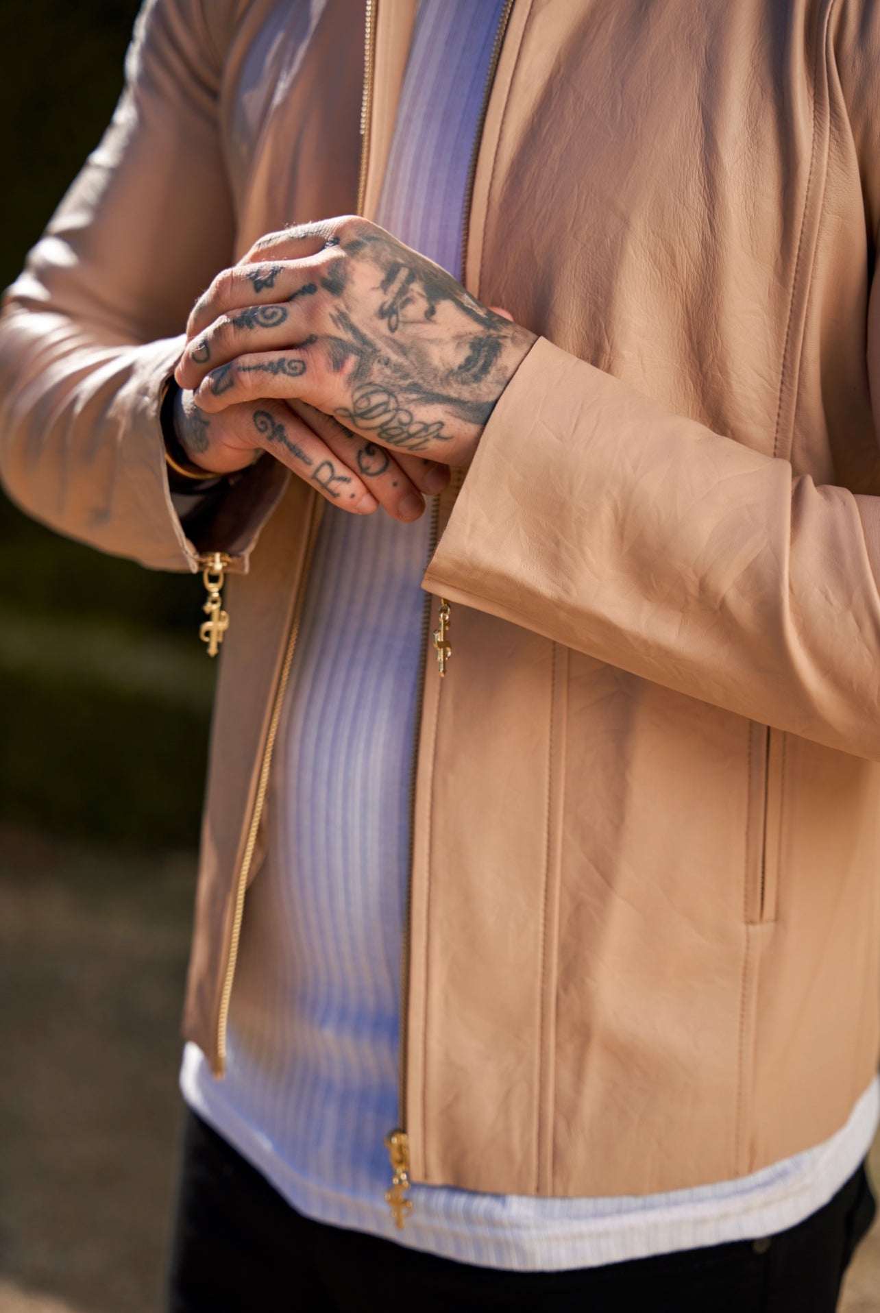 Cream Lambs Leather Jacket with Gold Zips - FSH792