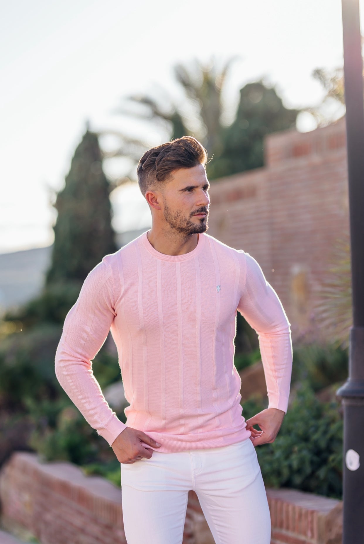 Classic Long Sleeve Baby Pink Knitted Wide Rib Crew with Silver Emblem - FSH736