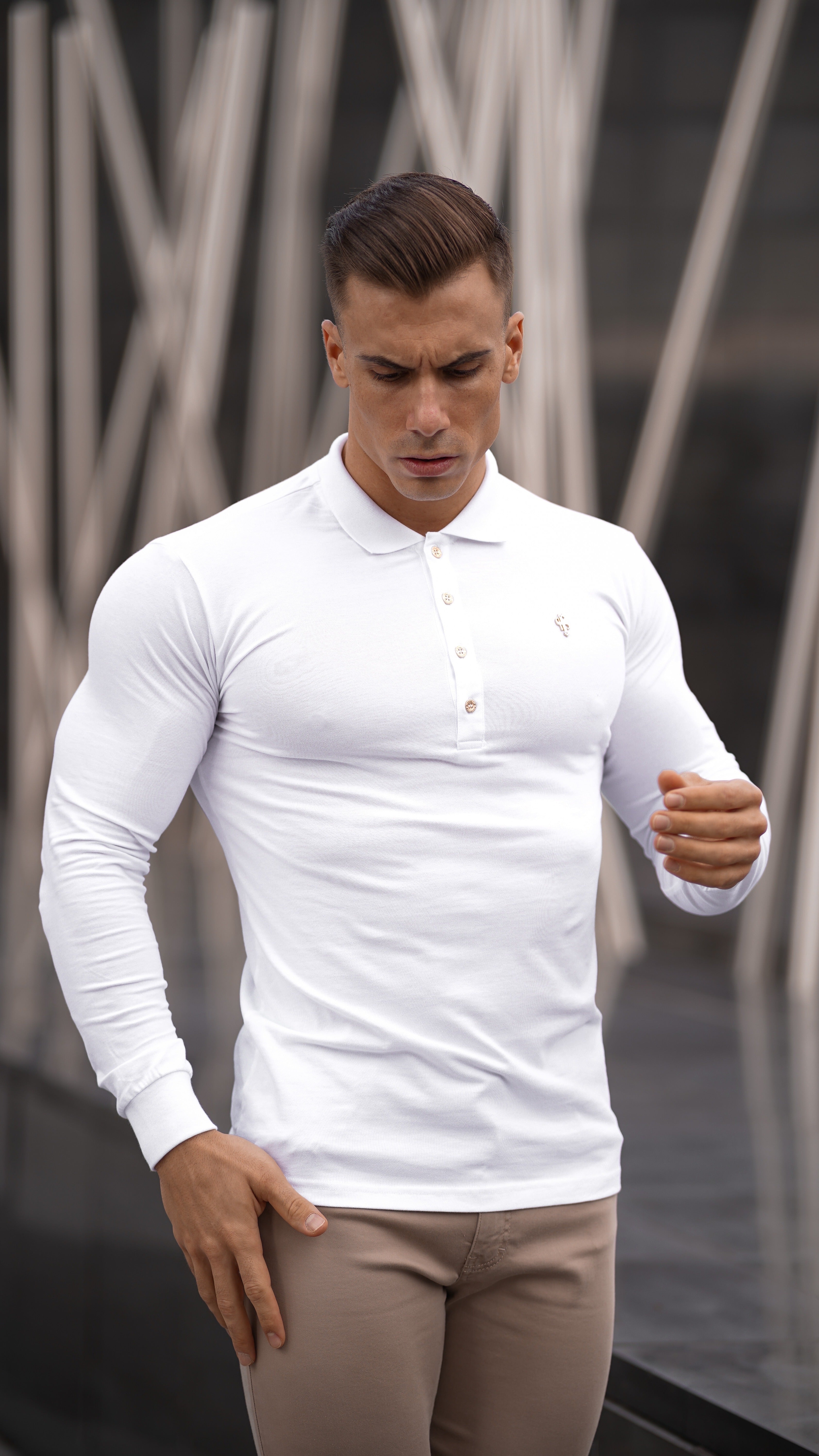 Classic White Long Sleeve Polo Shirt with Gold Metal Emblem Decal & Buttons - FSH515