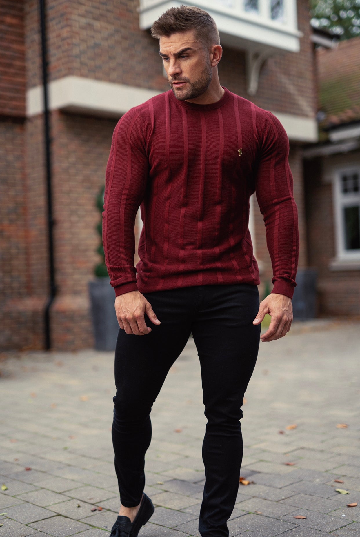 Classic Long Sleeve Burgundy Knitted Wide Rib Crew with Gold Emblem - FSH602