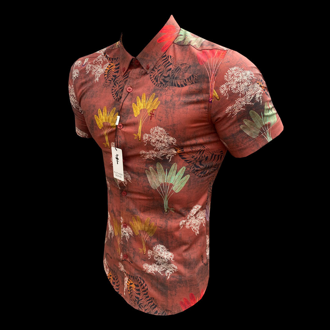 Super Slim Stretch Burgundy Tiger Print Short Sleeve with Button Down Collar - FS805