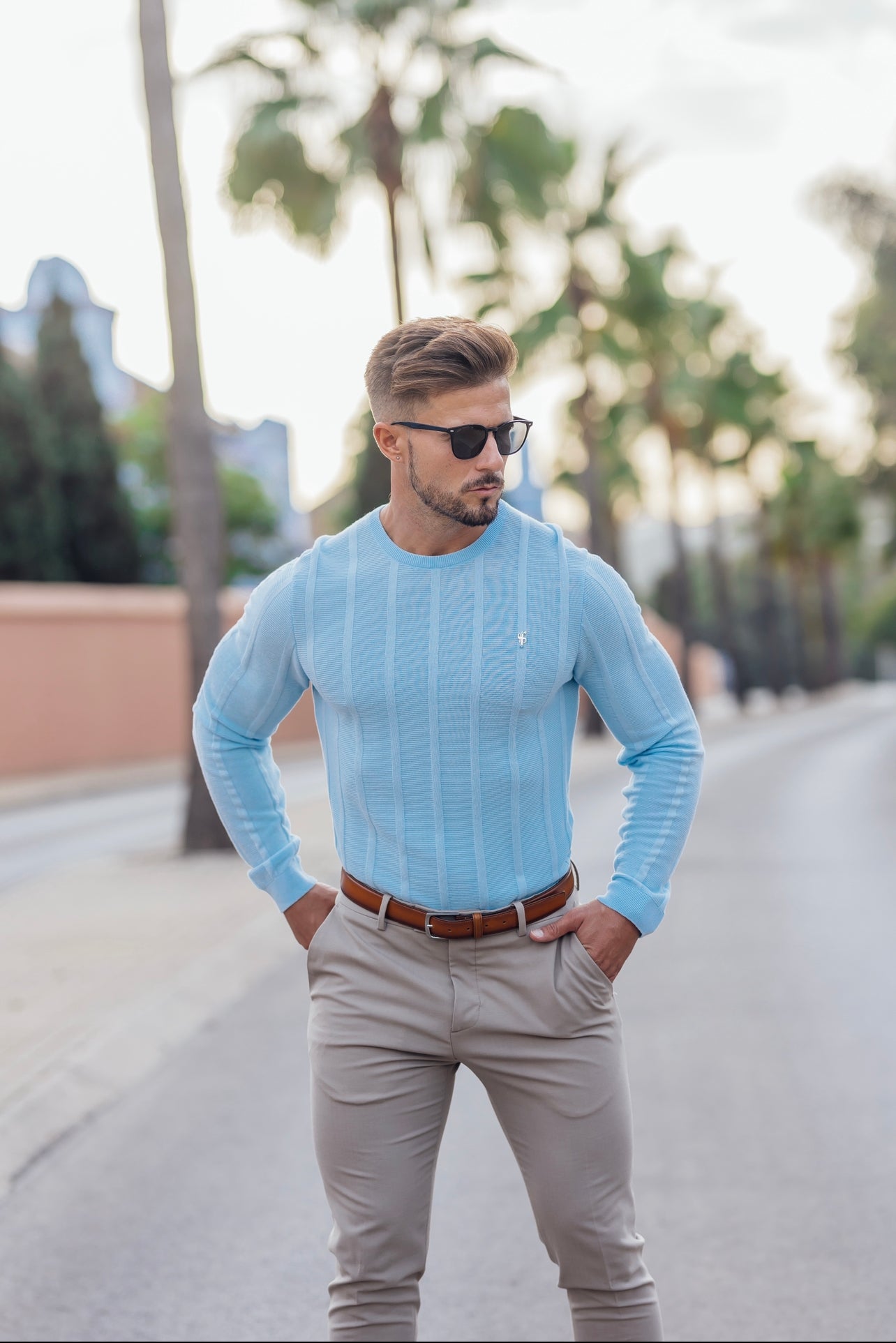 Classic Long Sleeve Baby Blue Knitted Wide Rib Crew with Gold Emblem
