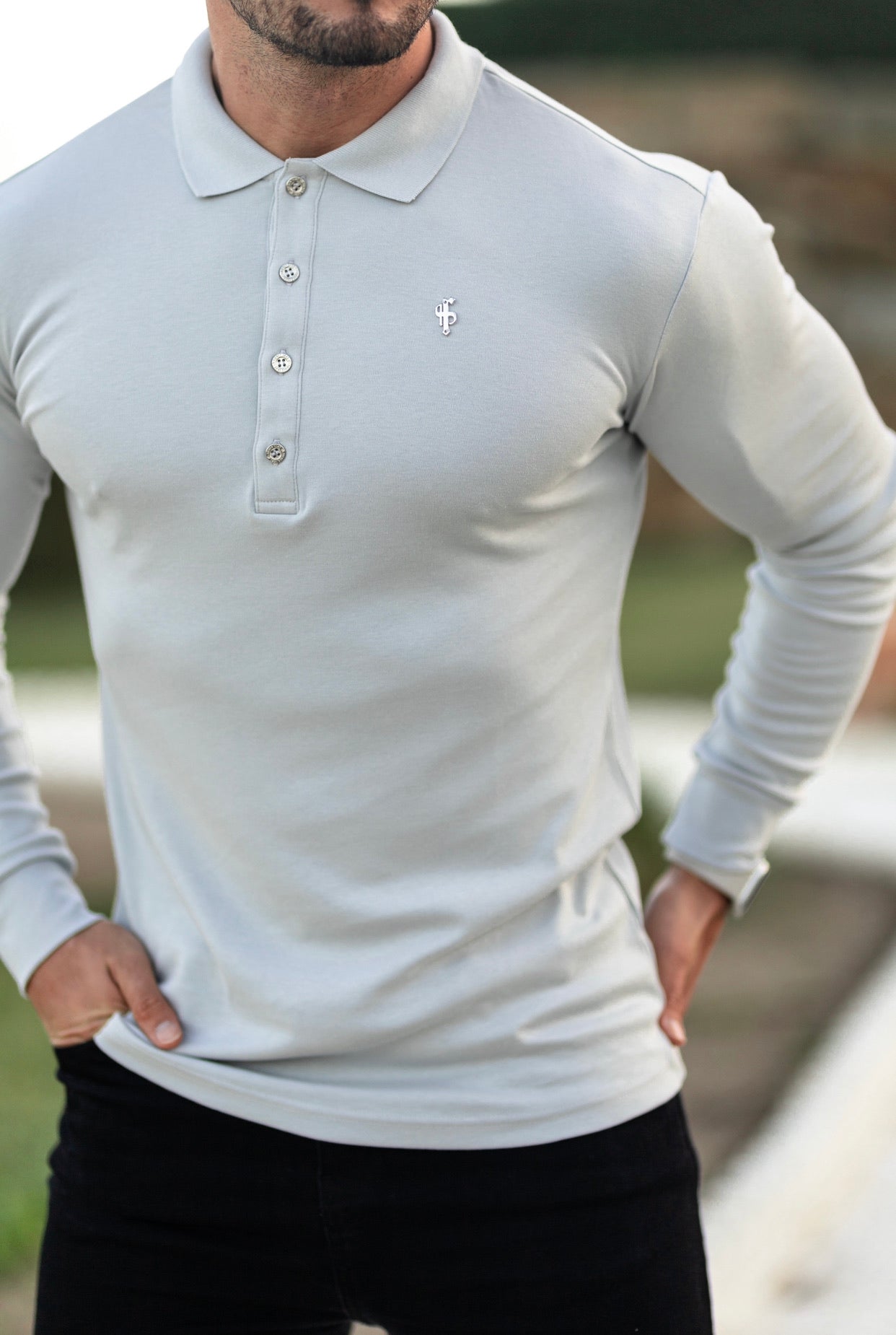 Classic Light Grey Pima Polo Shirt with Metal Buttons and Emblem Long Sleeve - FSH528