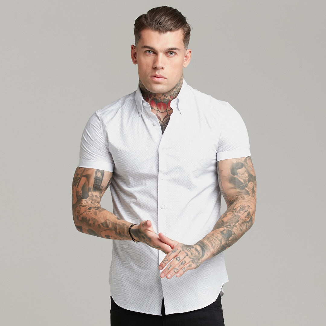 Classic White and Navy Print Short Sleeve Button Down - FS605 (LAST CHANCE)