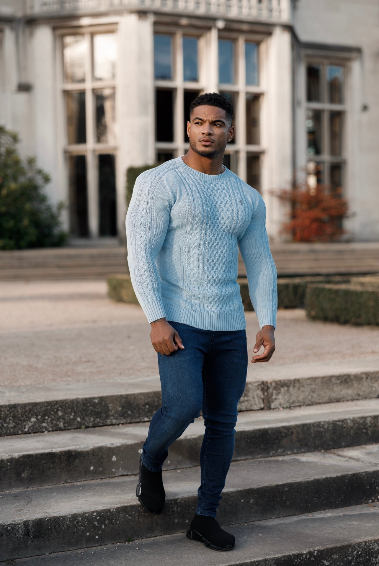 Father Sons Sky Blue Knitted Cable Saddle Crew Super Slim Sweater With Metal Decal - FSN081