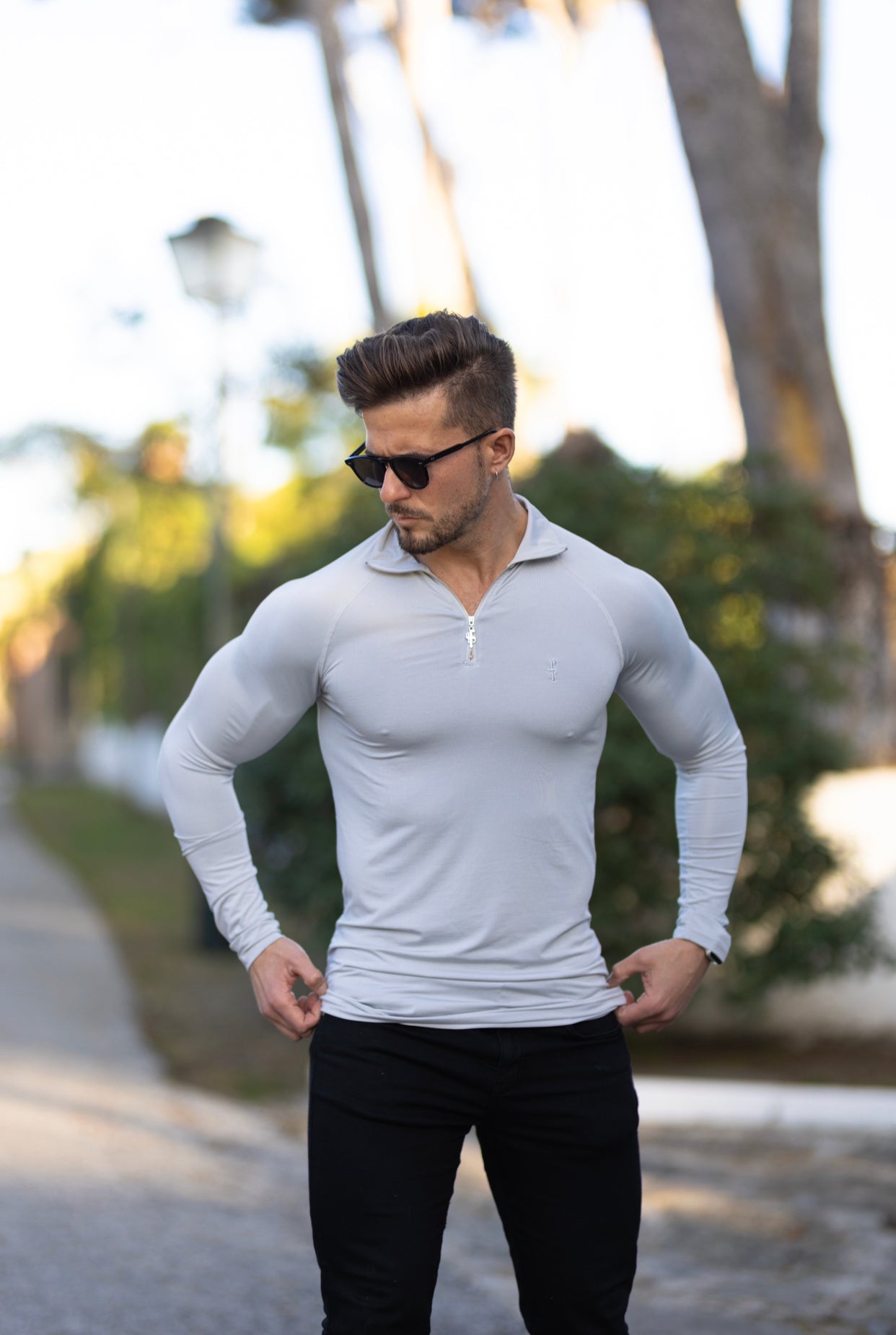 Long Sleeve Stone Grey Half Zip Gym Top - FSH692