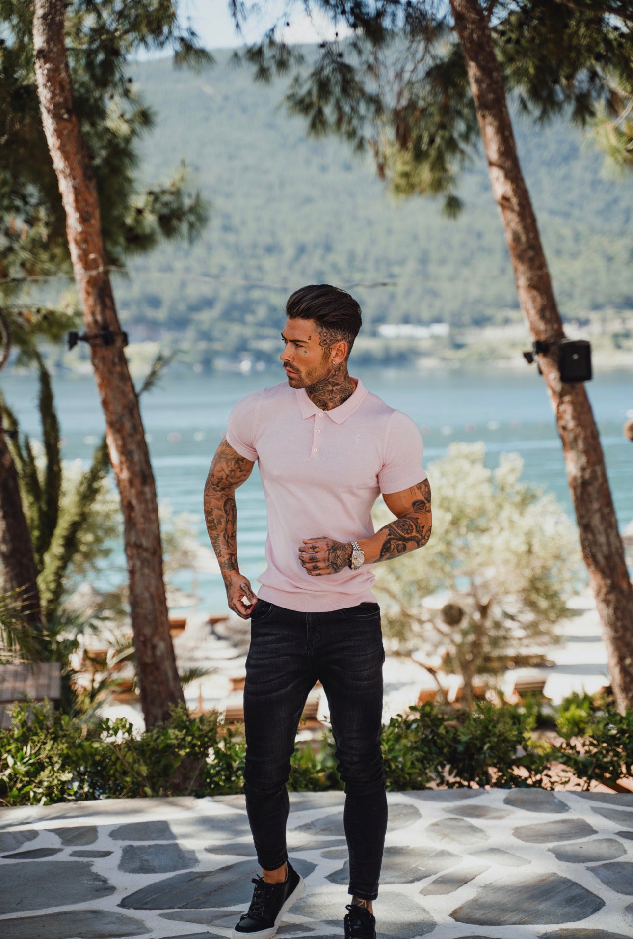 Father Sons Classic Pale Pink Merino Wool Knitted Polo Sweater Short Sleeve With FS Embroidery- FSN028