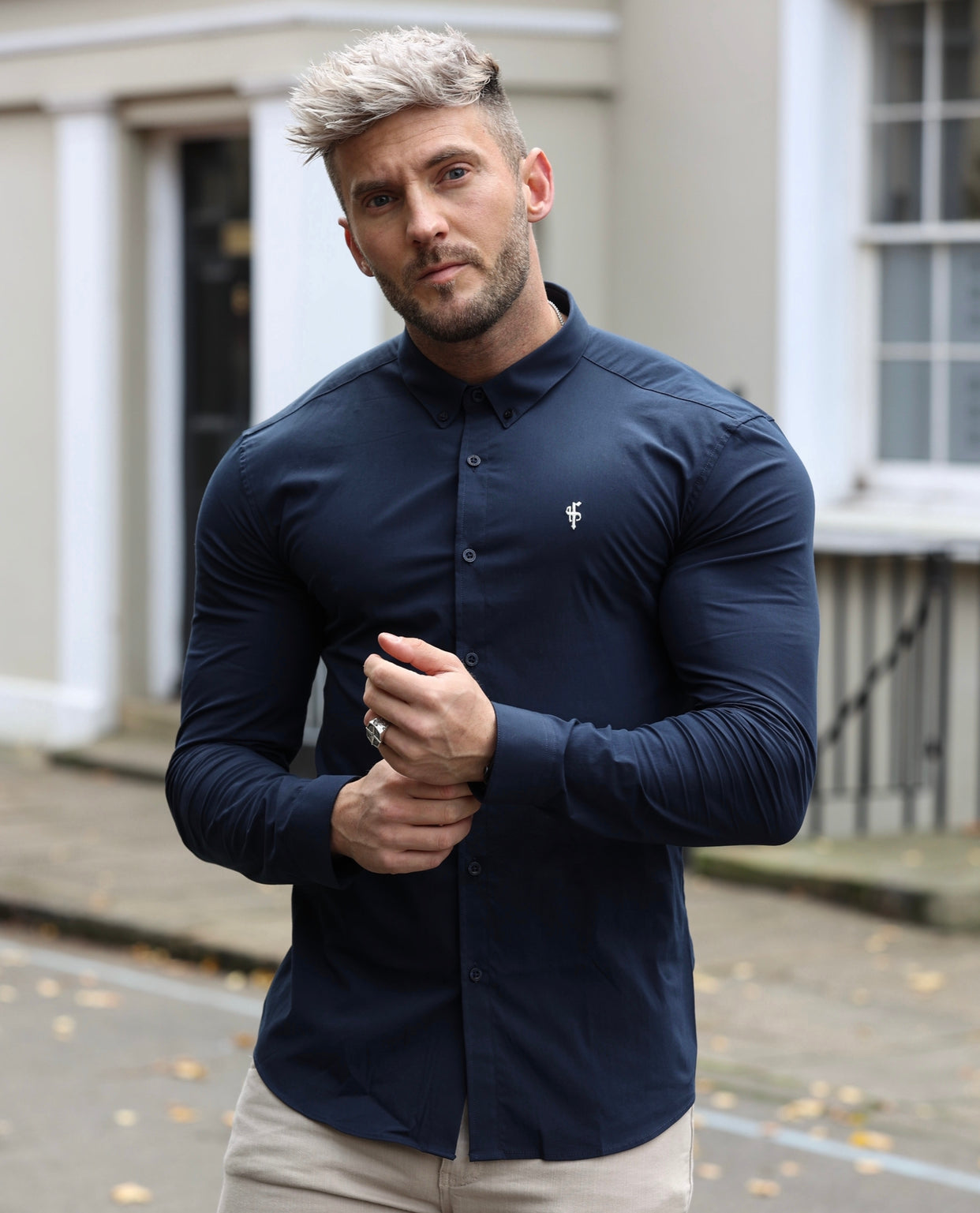 Super Slim Stretch Classic Navy Long Sleeve With Button Down Collar - FS817