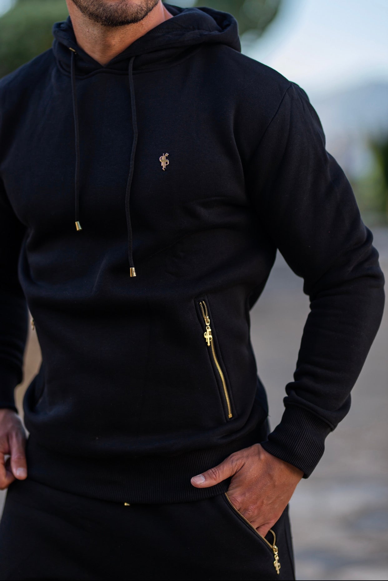 Black & Gold Overhead Hoodie Top with Zipped Pockets - FSH472