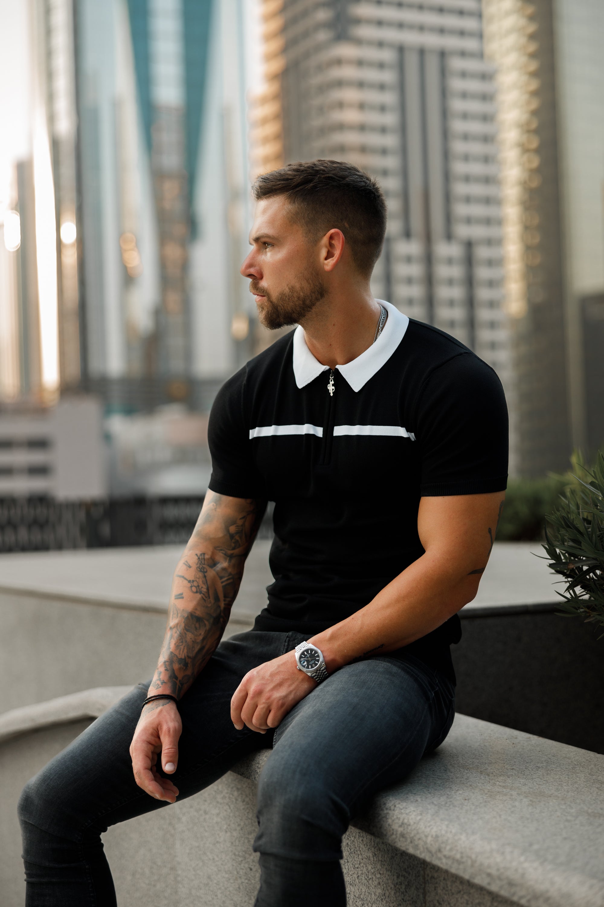 Classic Black / White Horizontal Stripe Zipped Polo Short Sleeve - FSN038
