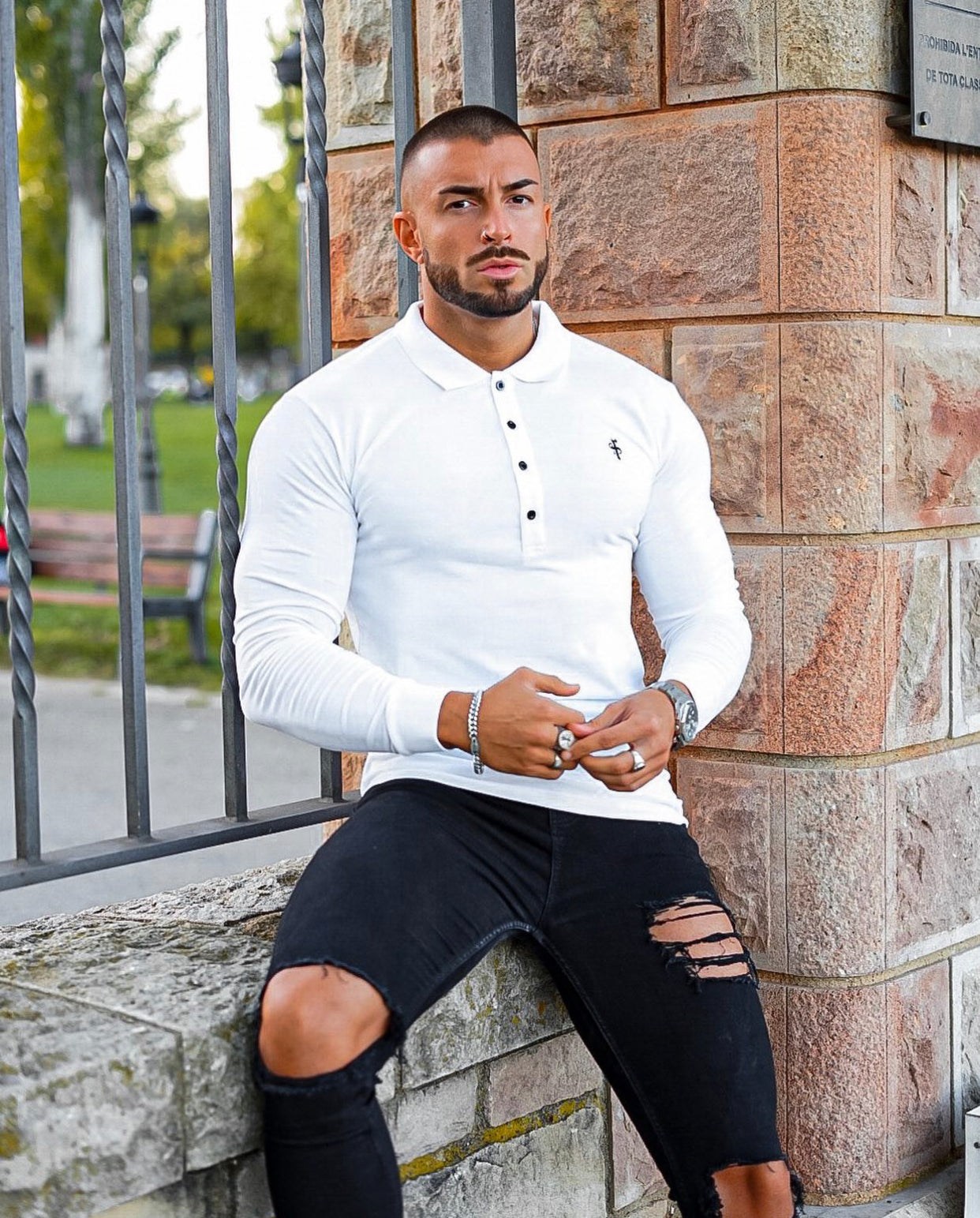 Classic White Polo Long Sleeve Shirt - FSH039