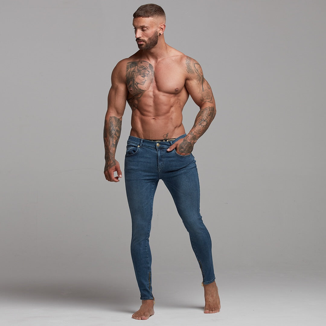 Zipped Ankle Plain Slim Stretch Blue Jeans - FSH181