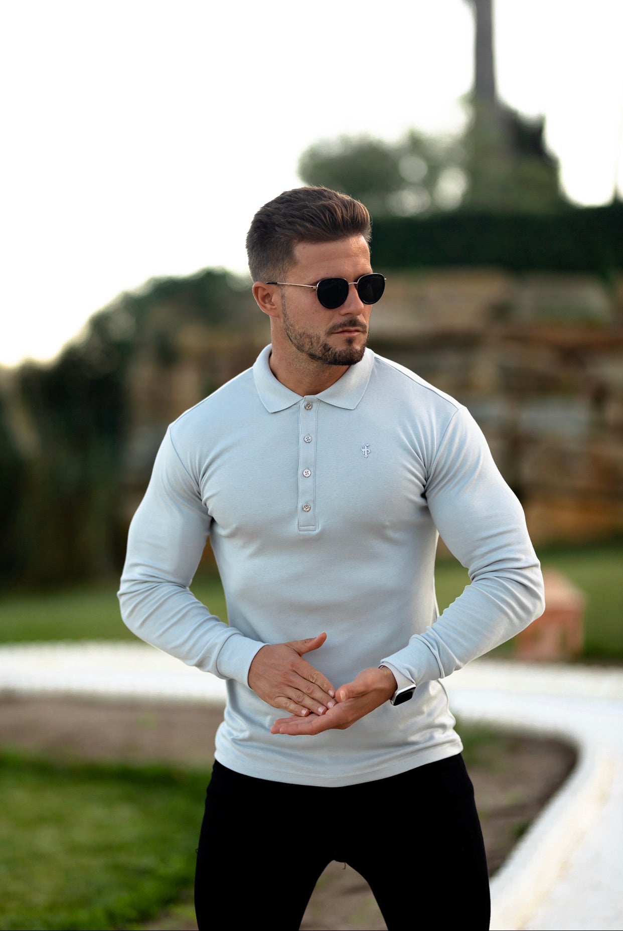 Classic Light Grey Pima Polo Shirt with Metal Buttons and Emblem Long Sleeve - FSH528