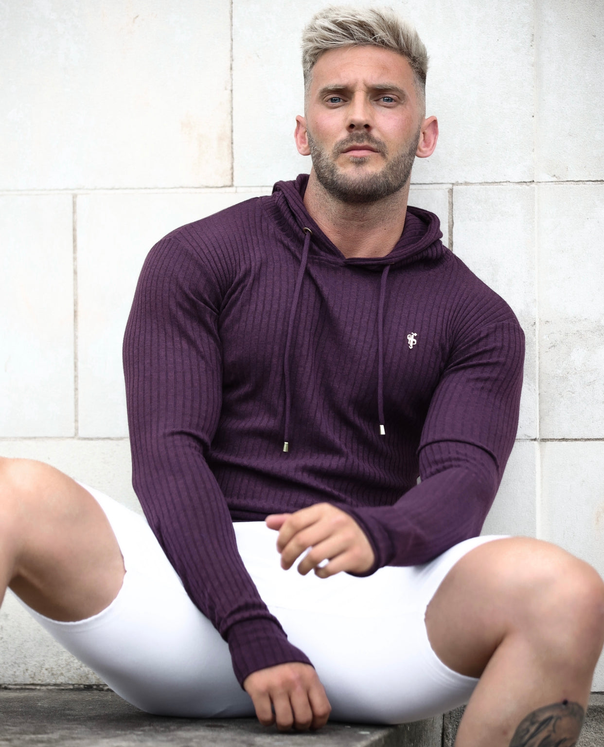 Classic Plum Ribbed Knit Hoodie Jumper With Gold Emblem - FSH623