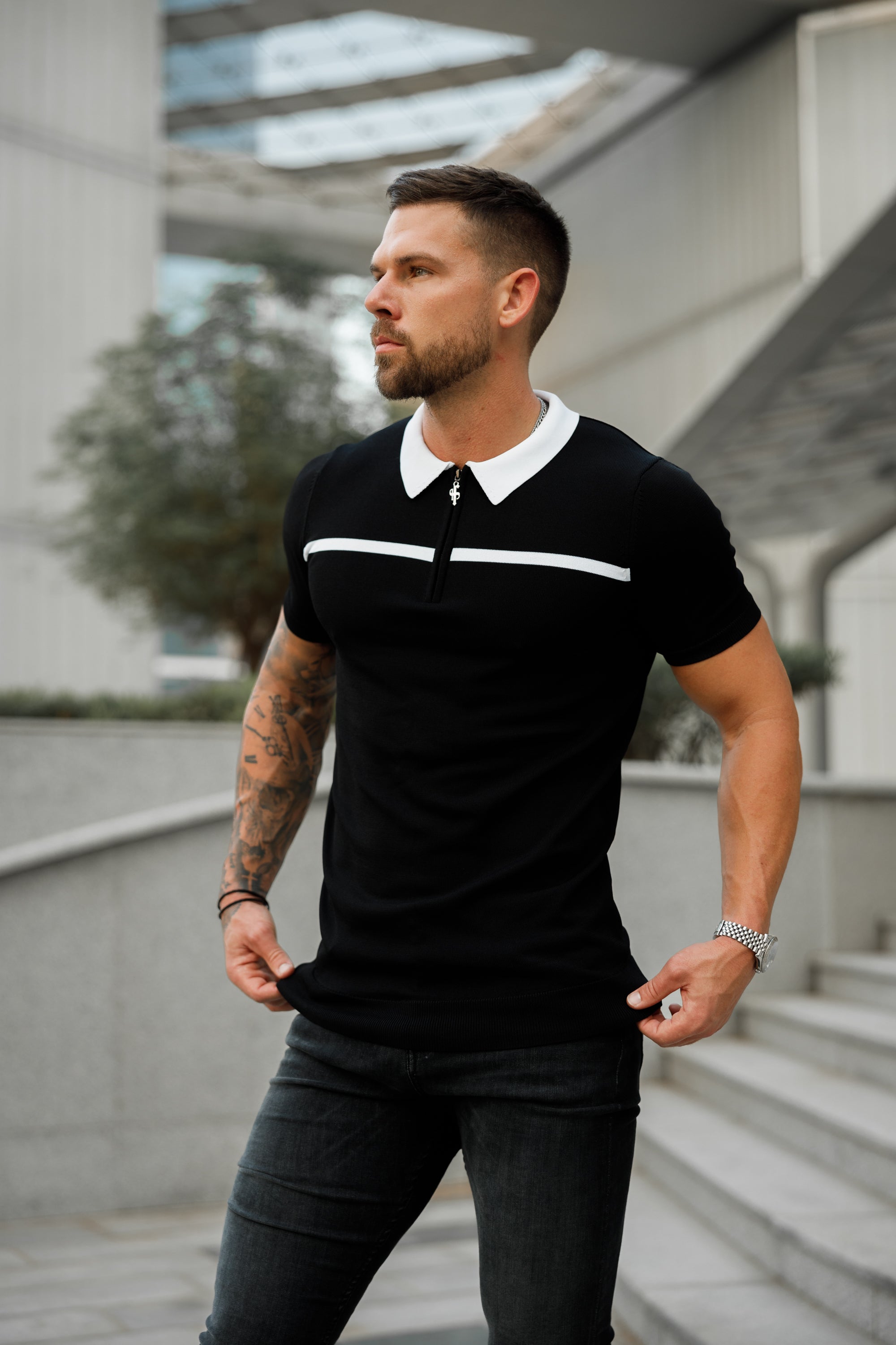 Classic Black / White Horizontal Stripe Zipped Polo Short Sleeve - FSN038