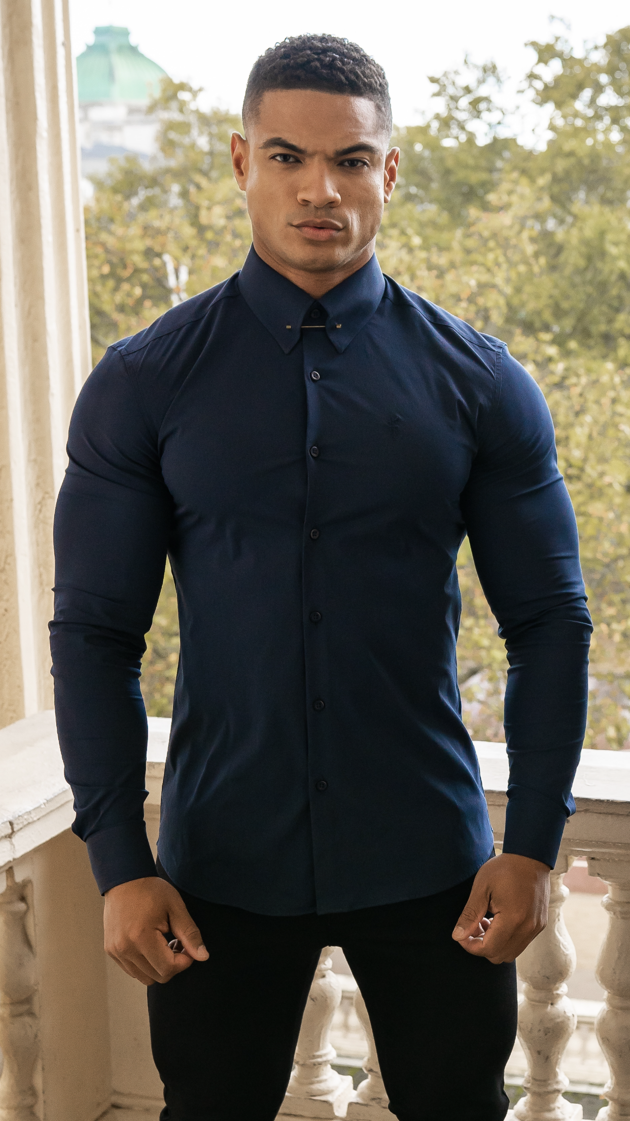 Regular Stretch Black Stretch Shirt with Gold Pin Collar - FS594