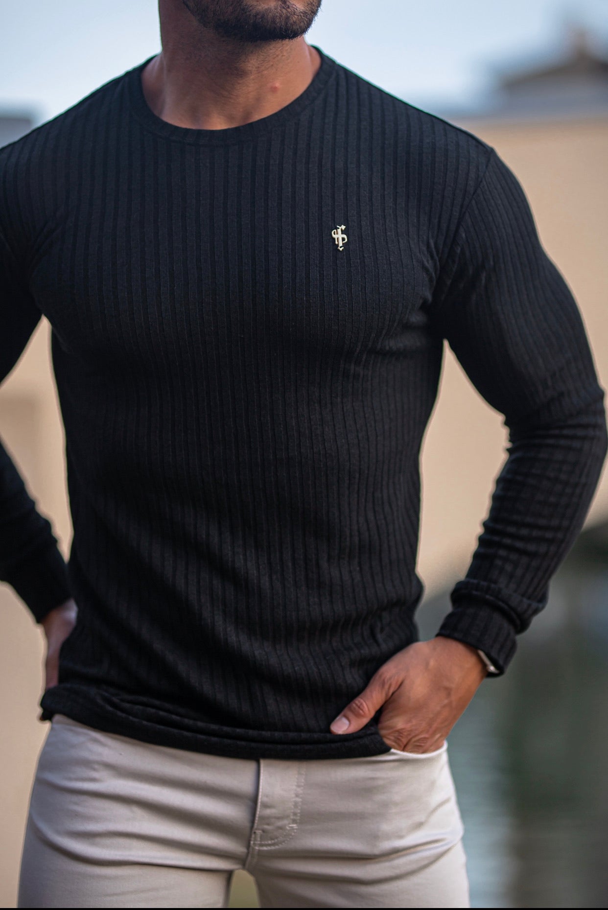 Classic Black Ribbed Knit Super Slim Crew Long Sleeve with Gold Metal Emblem - FSH533