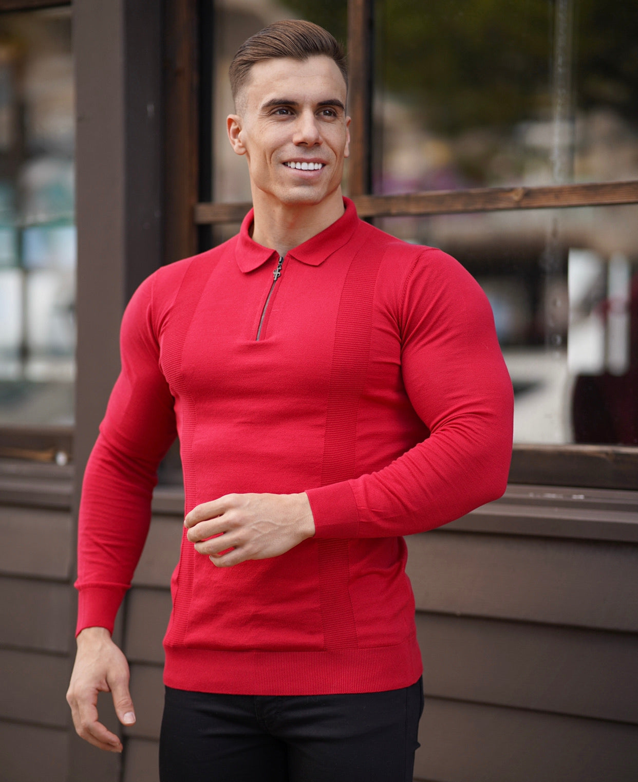Classic Poppy Red and Black Zip Knitted Long Sleeve Polo Shirt - FSH567