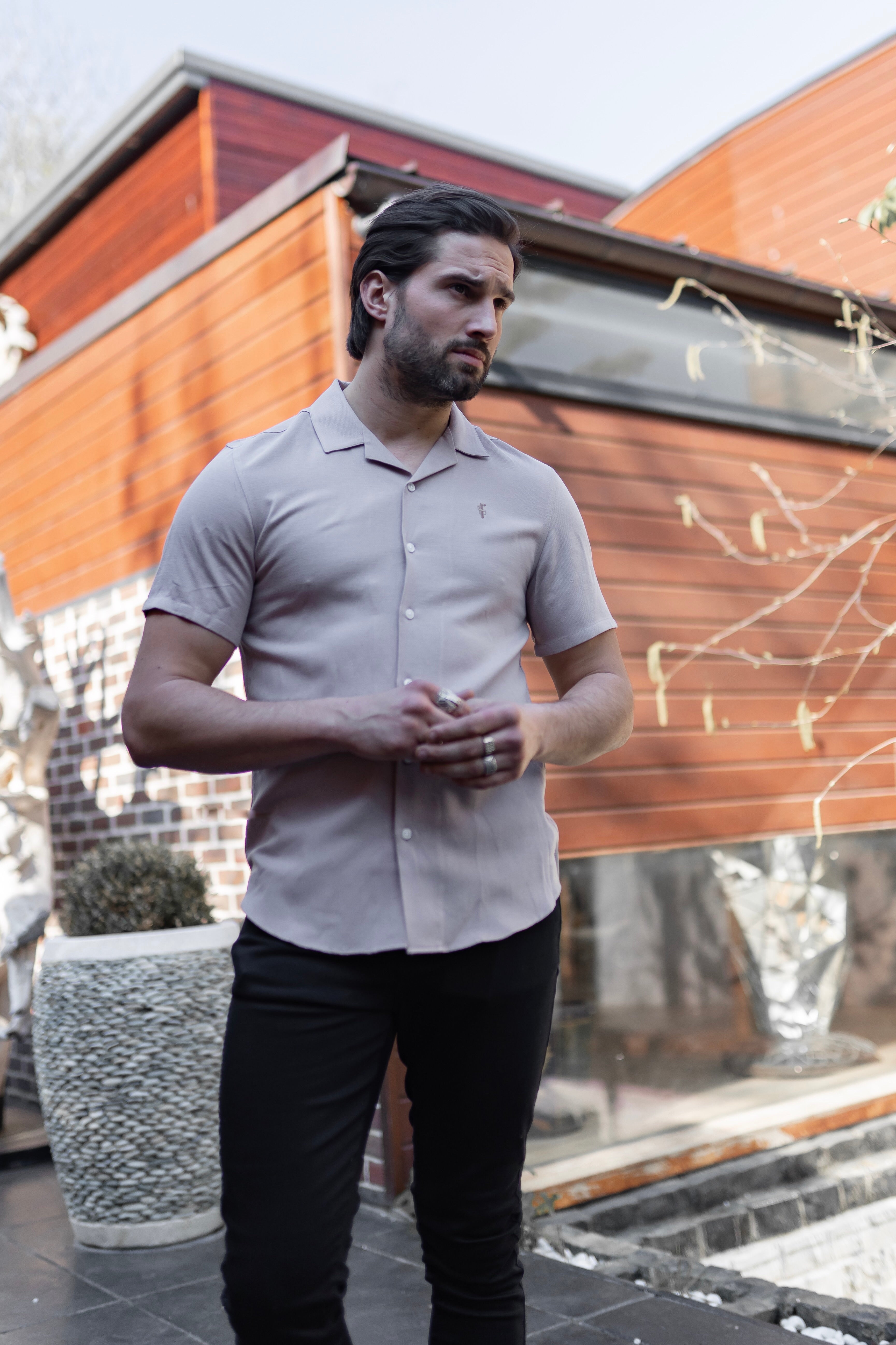 Classic Nude Linen effect Short Sleeve Revere Shirt - FS445