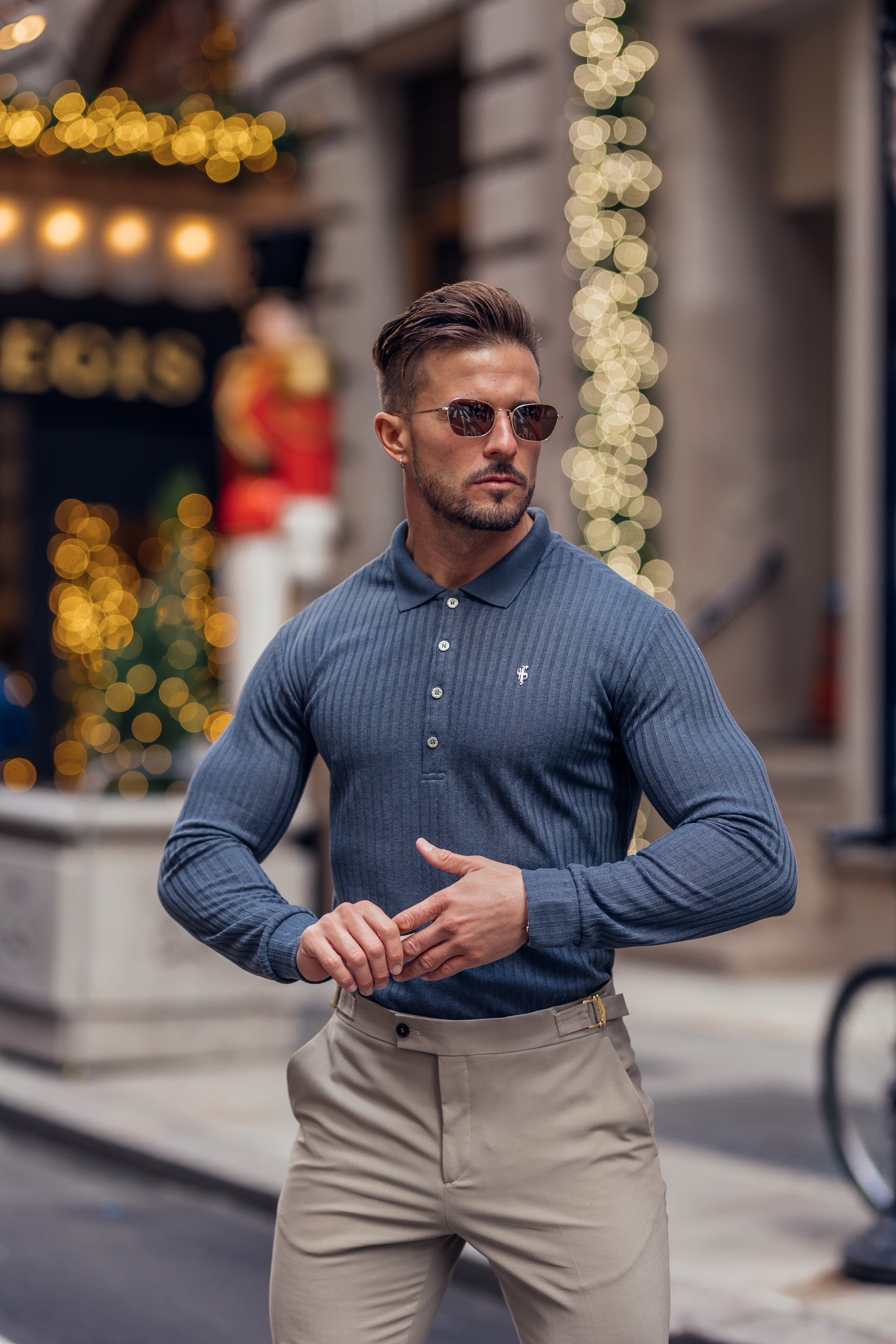 Classic Charcoal Ribbed Polo Shirt Long Sleeve With Silver Decal - FSH971