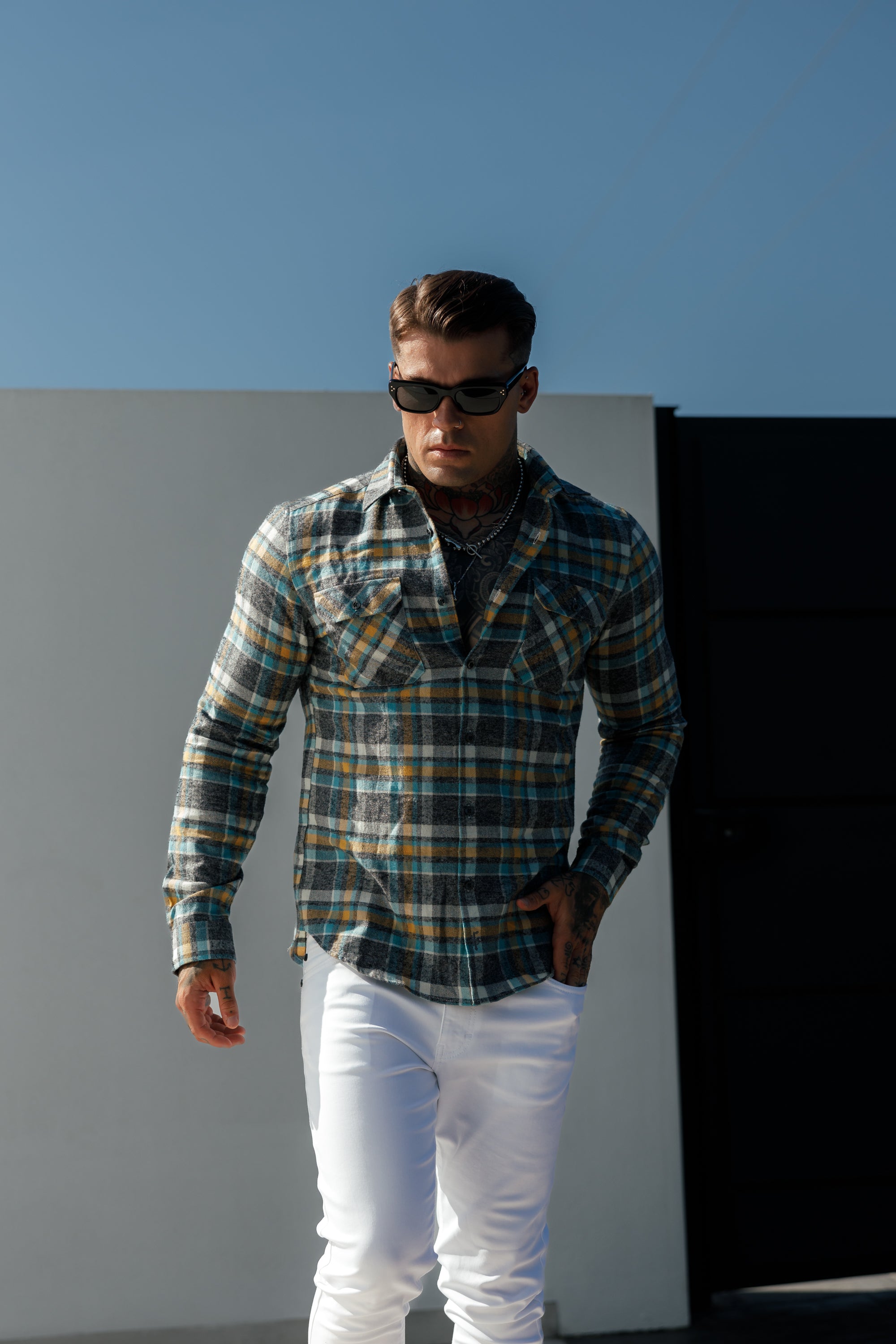 Aqua / Yellow Check Shacket With Double Pockets - FS1073