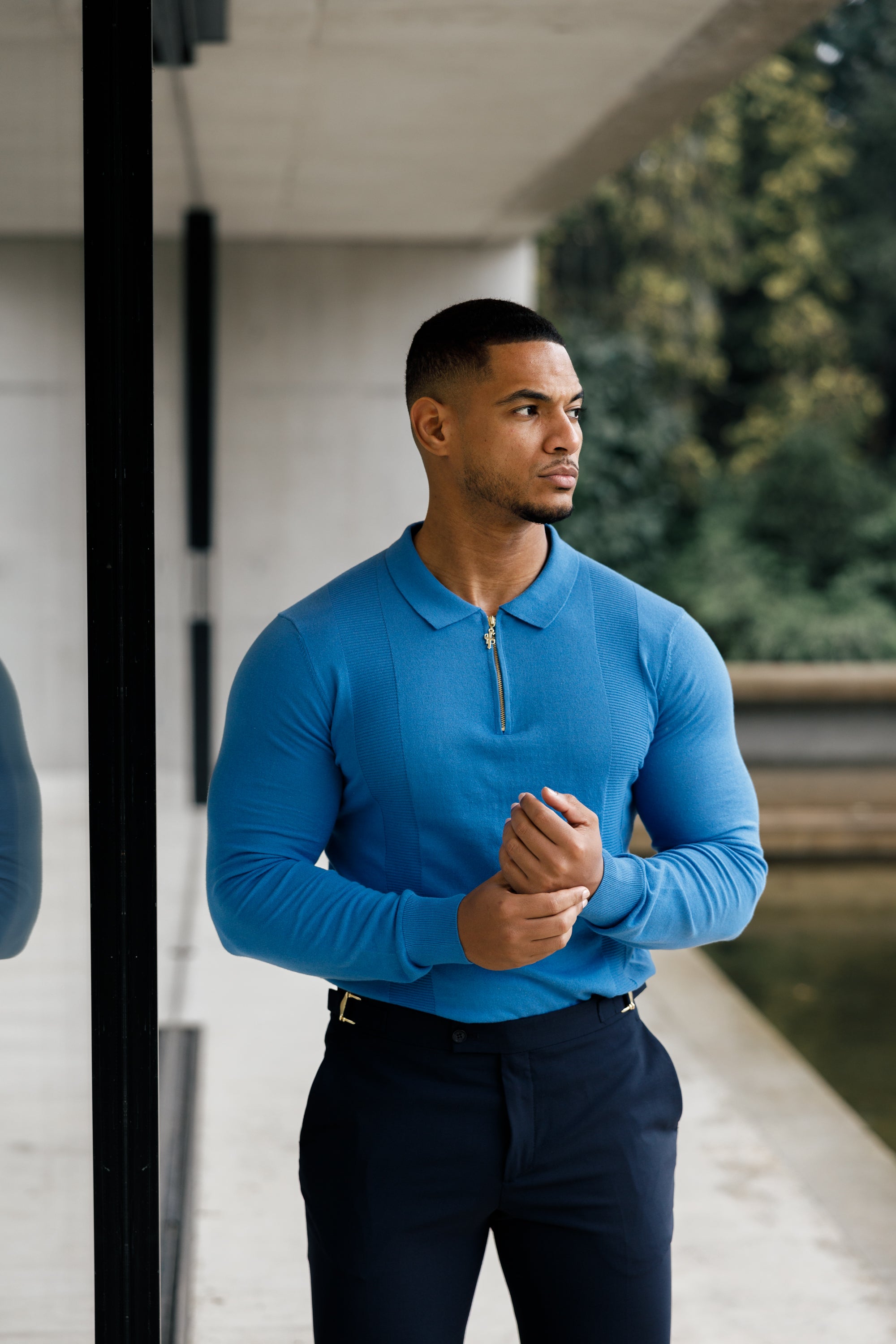 Classic Mid Blue and Gold Zip Knitted Polo Shirt Long Sleeve - FSN129