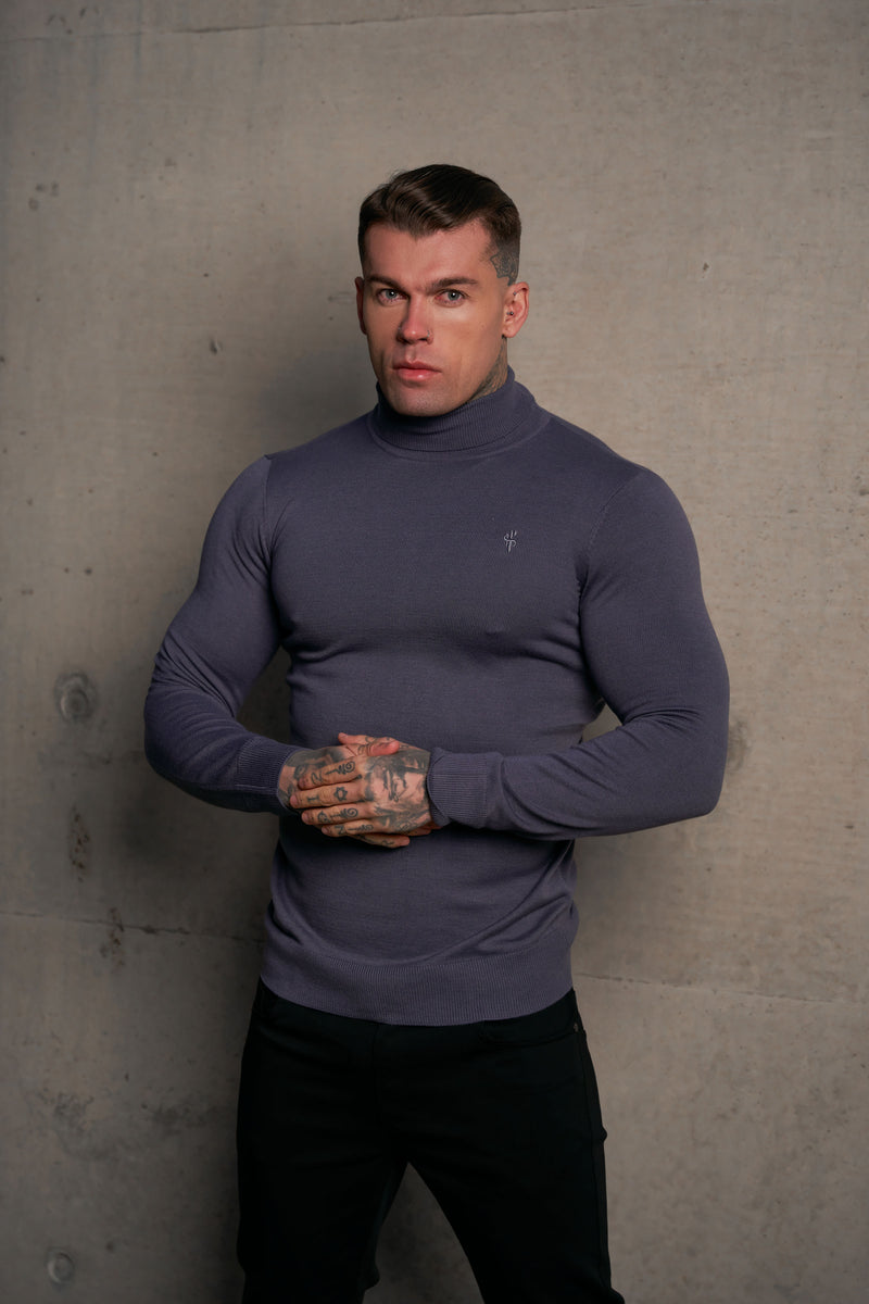 Father Sons Classic Gunmetal Roll Neck Knitted Sweater With Tonal Emblem - FSN137