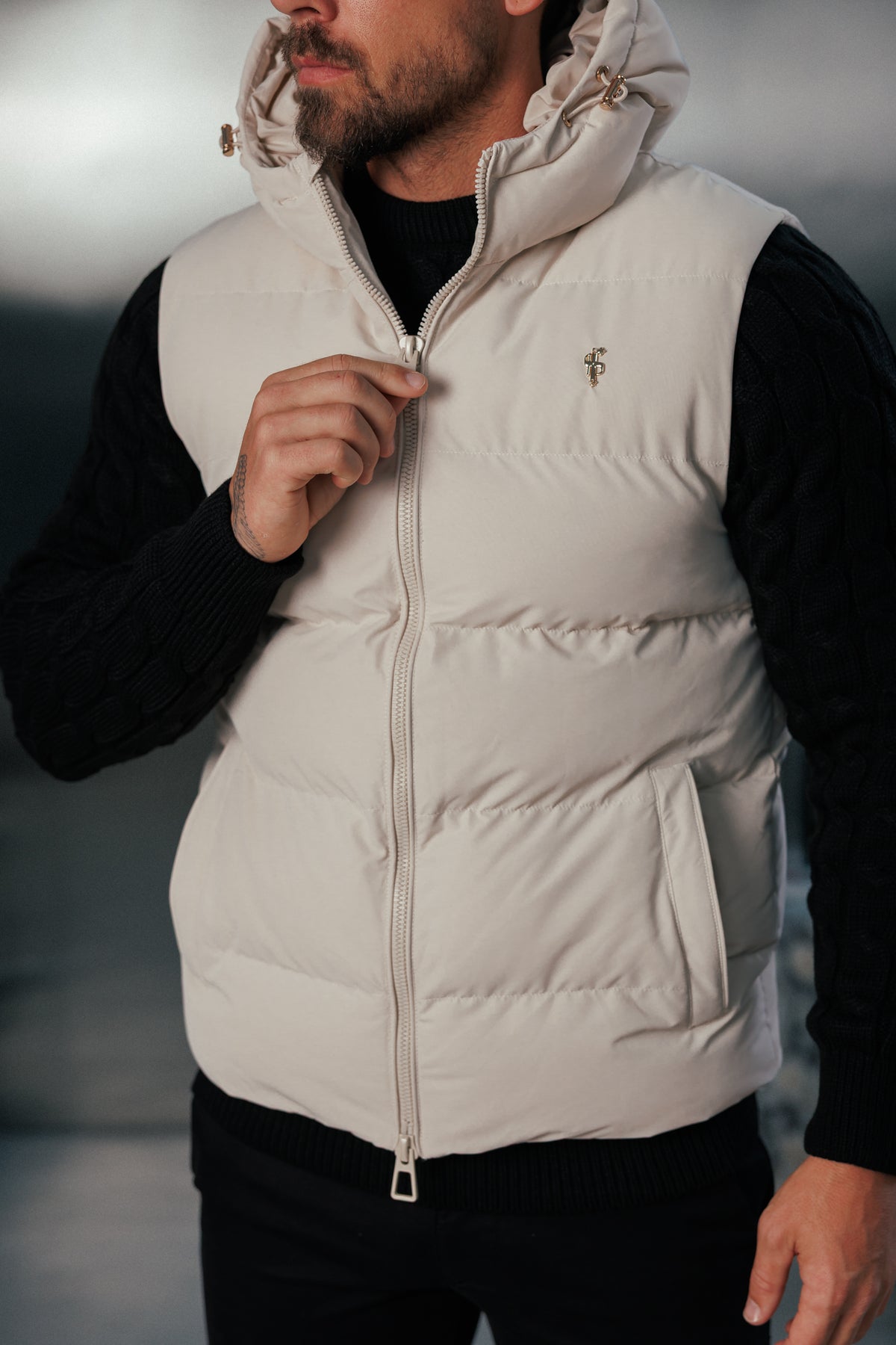 Light Beige Padded Hooded Gilet - FSN243