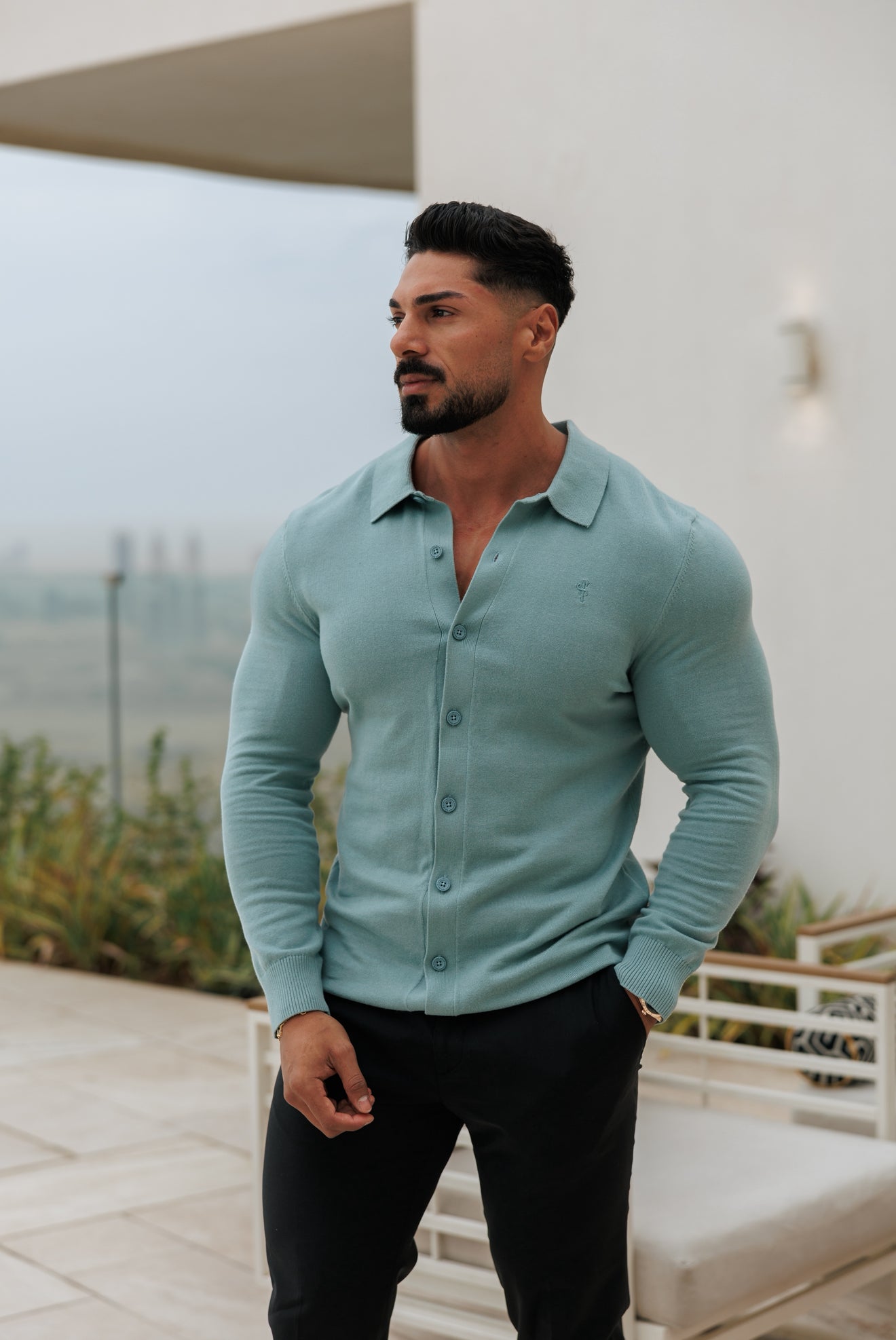 Classic Plain Teal Knitted Button Through Polo Long Sleeve - FSN213