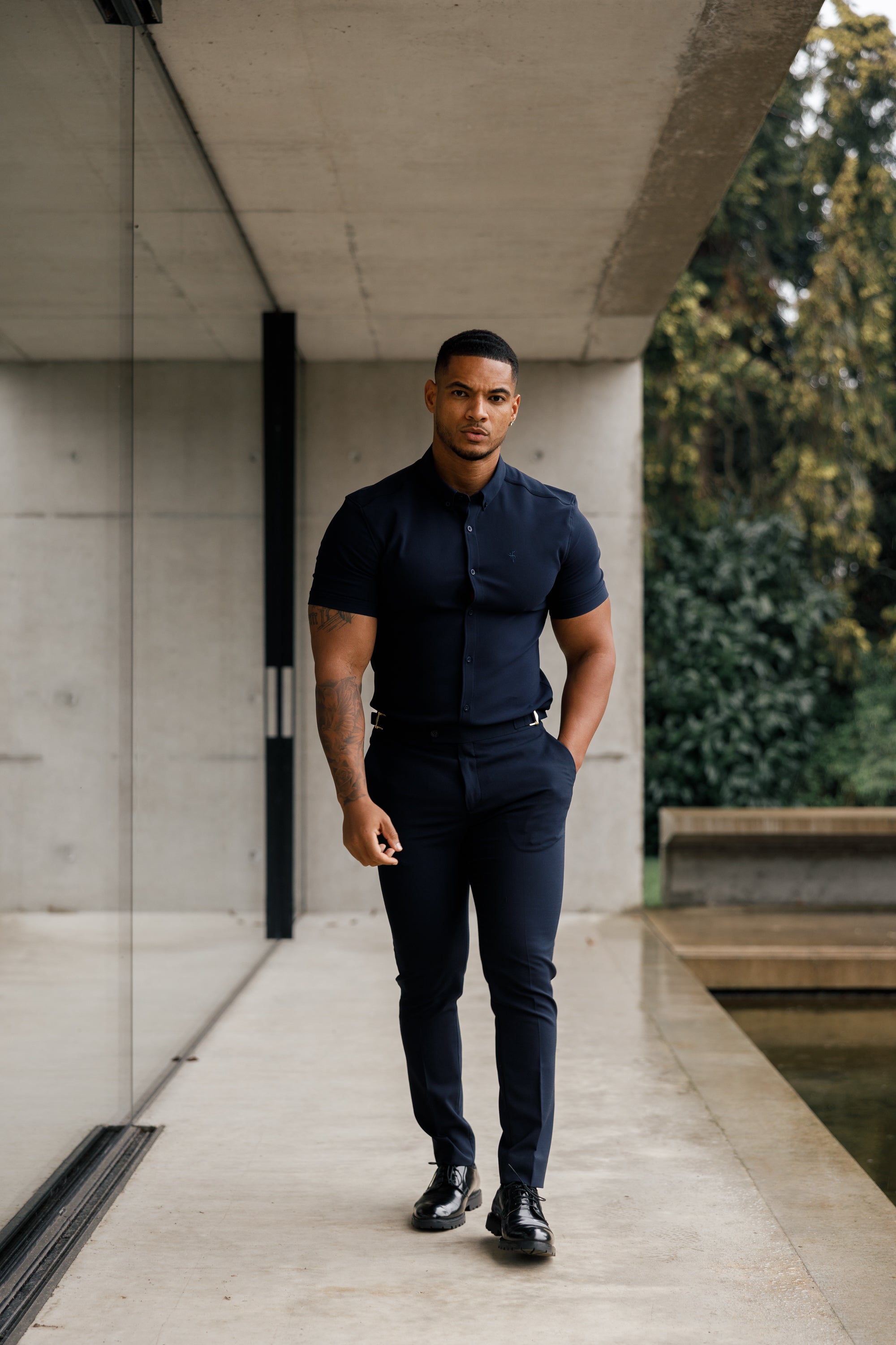 Father Sons Slim Formal Navy Stretch Pants With Gold Waist Adjusters - FST016